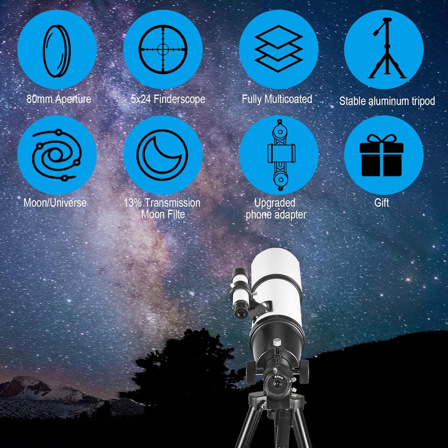 Showcases multiple technical specifications and features of the telescope in a visually segmented grid layout to communicate the product's comprehensive…