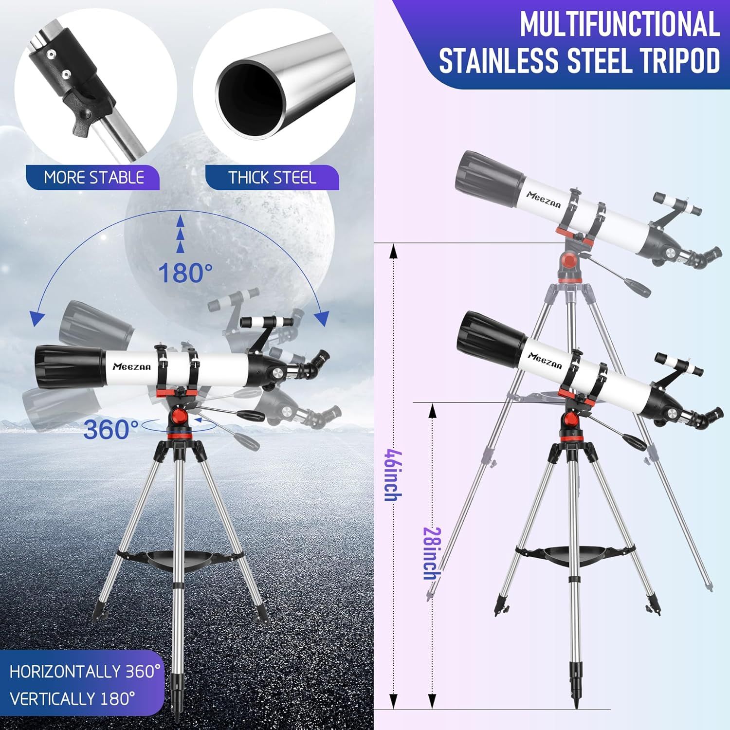 Communicates the telescope tripod's multiple functional benefits including full rotation capability, vertical adjustment range, durable steel construction,…