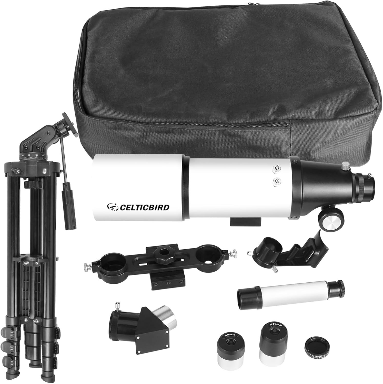 Shows everything included in the purchase—telescope, tripod, carrying case, eyepieces, and mounting accessories—to help shoppers understand the complete value…