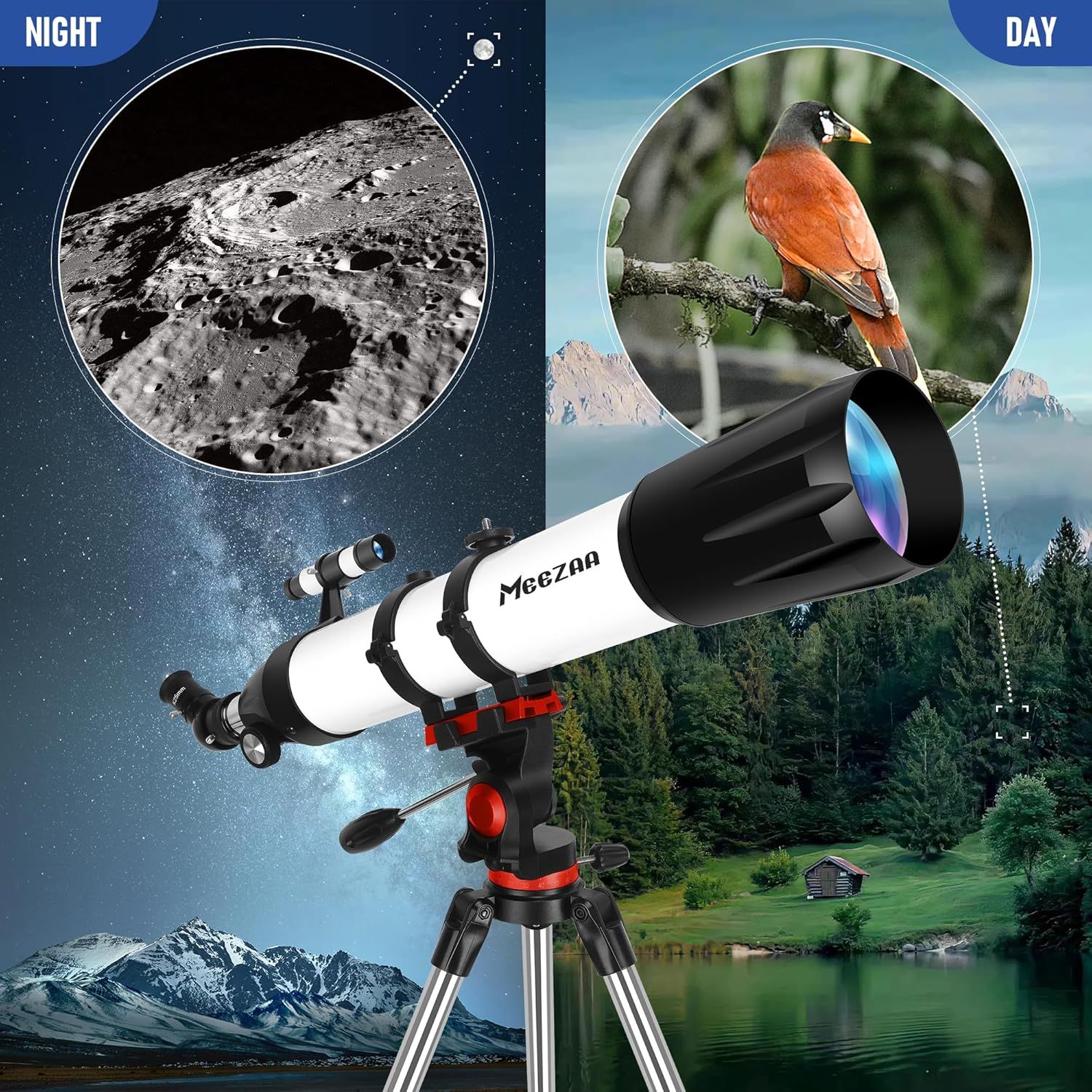 Demonstrates the telescope's versatility by showing two distinct use cases: nighttime astronomy for viewing celestial objects like the moon, and daytime…