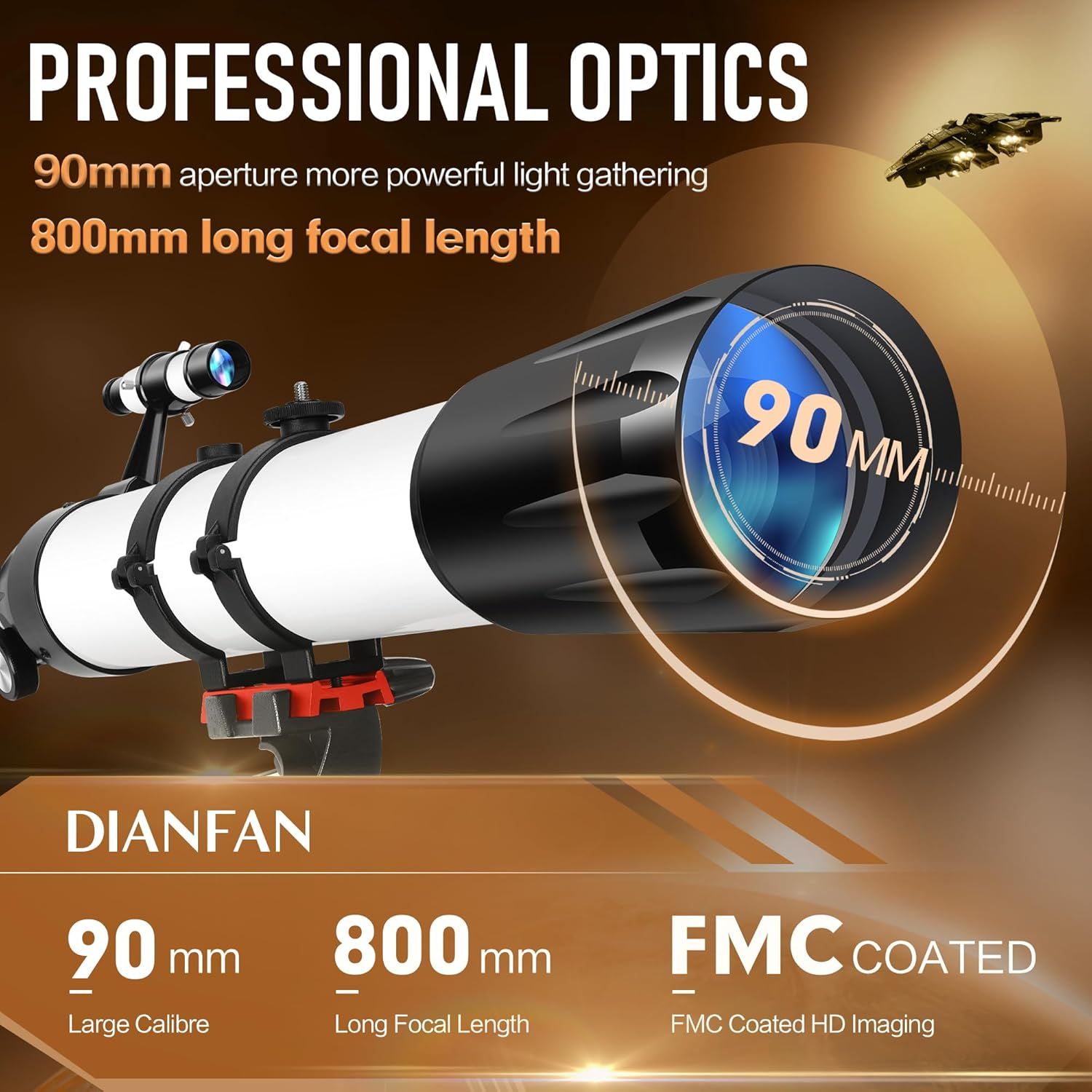 Communicates the professional-grade optical specifications of the telescope across three distinct technical benefits: large aperture for light gathering, long…