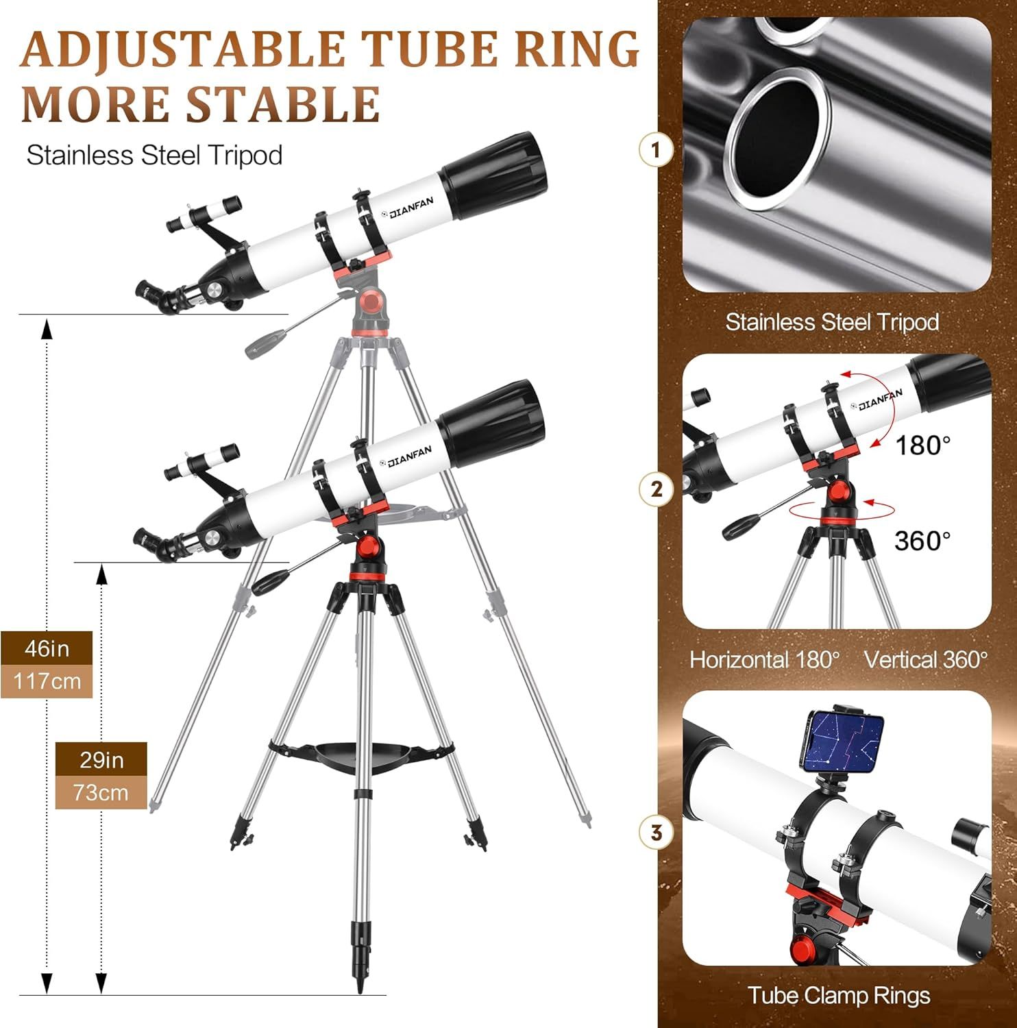 This image breaks down the telescope's key physical components and adjustment features, highlighting the stainless steel construction, adjustable tube ring…