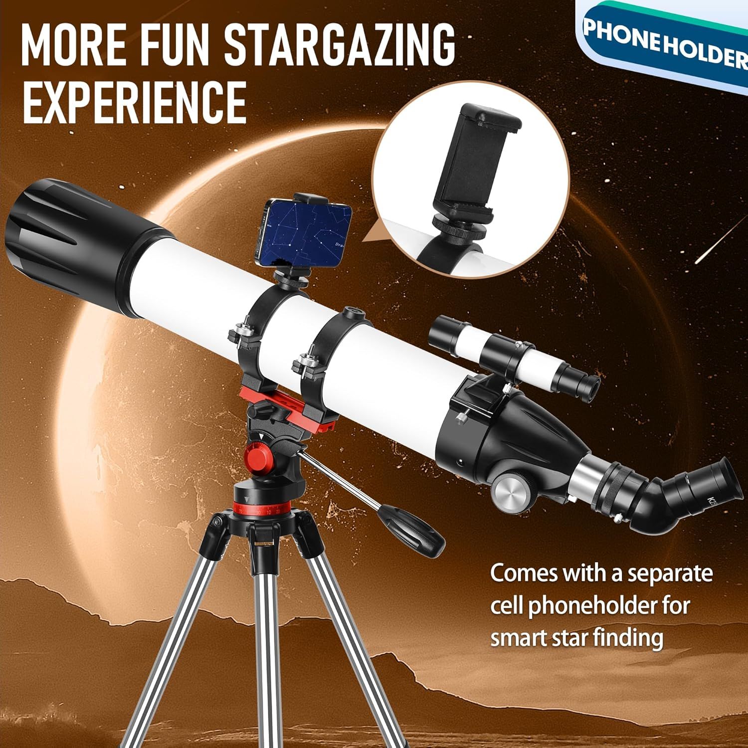 Shows that the telescope comes with a separate cell phone holder accessory for smart star finding, helping shoppers understand what's included in the package.…