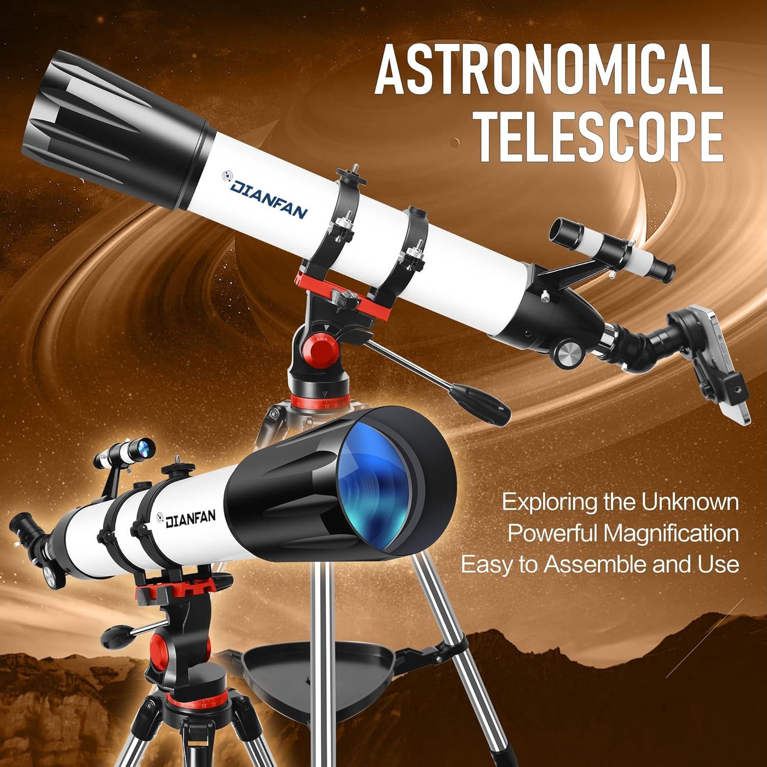 Communicates multiple key benefits of the telescope including its magnification power, ease of assembly, and exploration capabilities to appeal to astronomy…