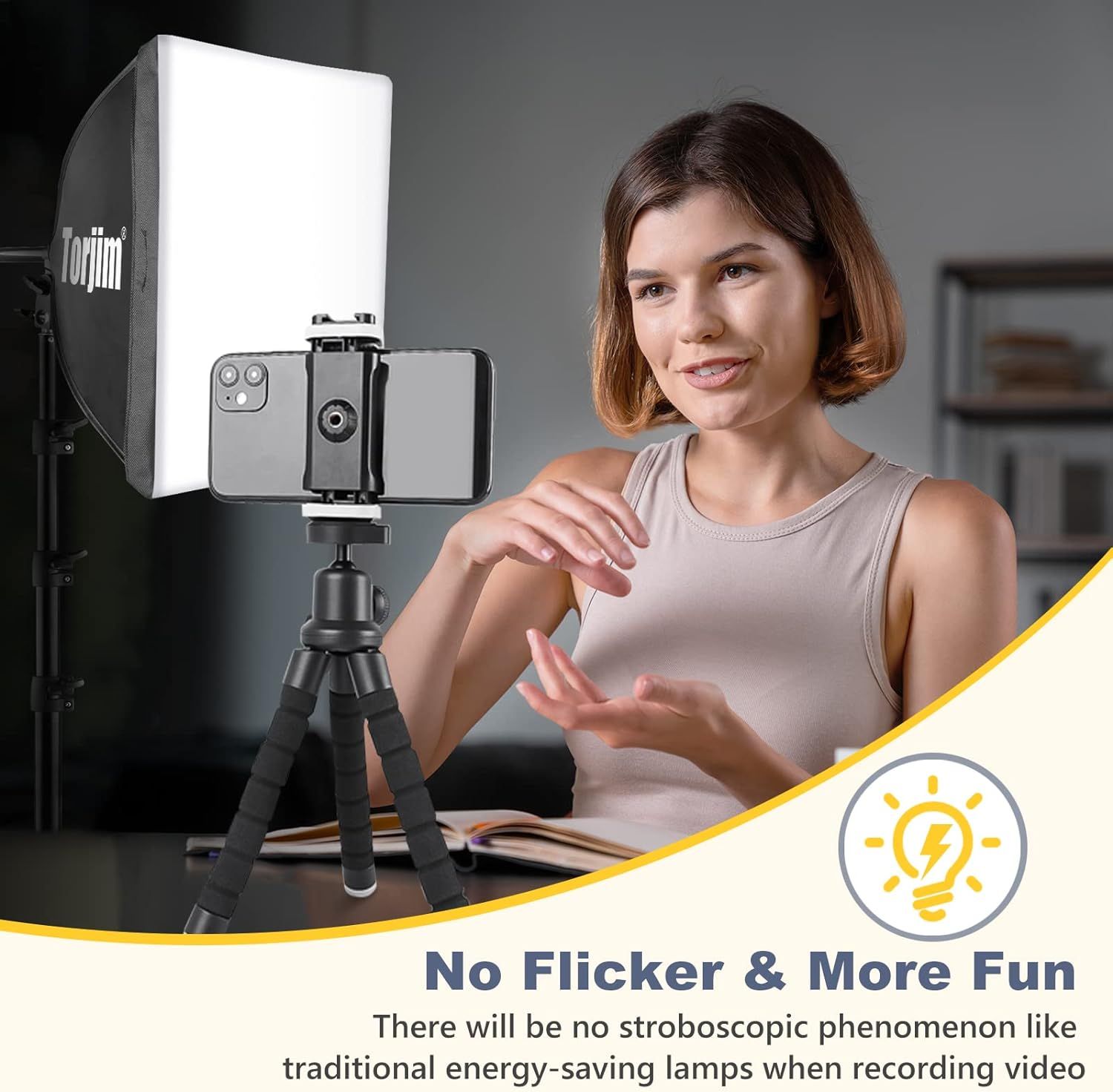 Communicates that the lighting product eliminates flickering during video recording, ensuring smooth, professional-quality content creation.