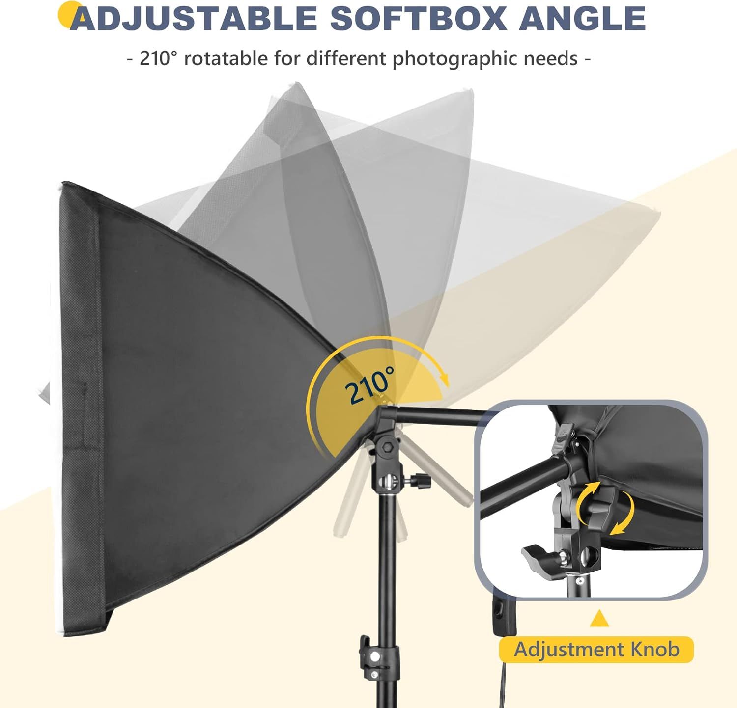 Highlights the physical adjustability mechanism of the softbox, showing the 210-degree rotation capability and the adjustment knob to reassure photographers…