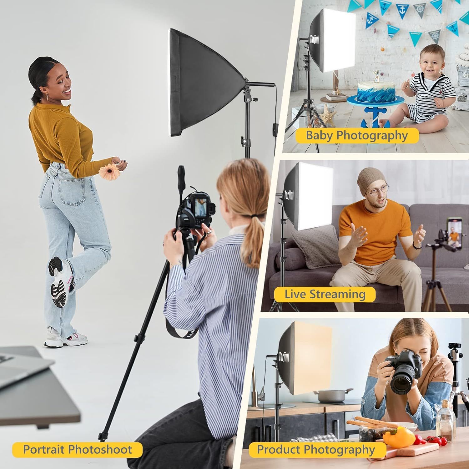Demonstrates the versatility of the lighting equipment by showing four distinct professional photography and content creation scenarios where the product can…