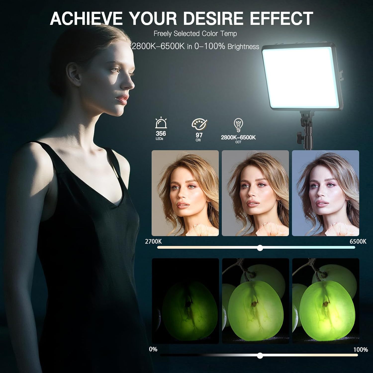 Demonstrates the lighting panel's versatility with adjustable color temperature (2800K-6500K) and brightness (0-100%), showing how it creates different…