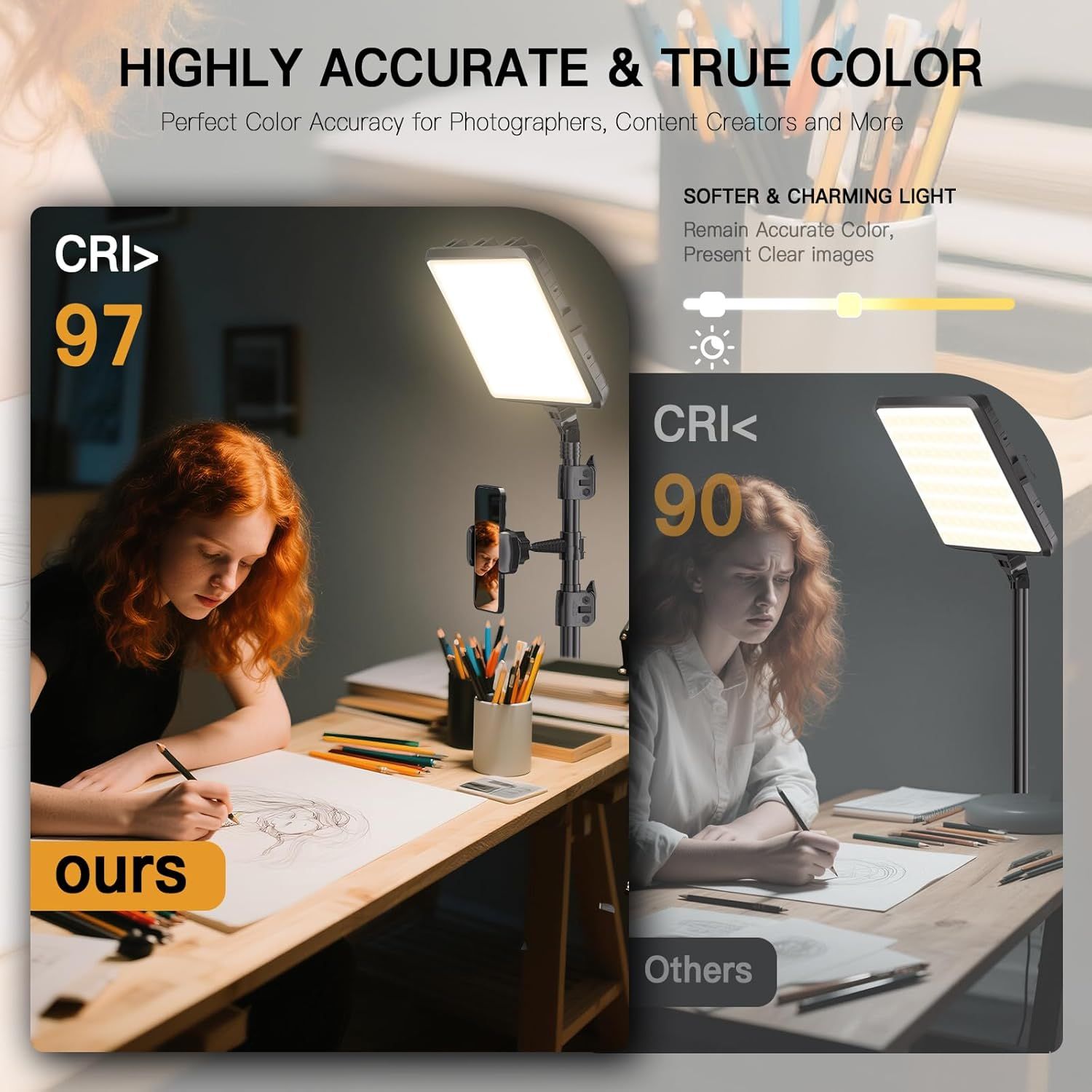 Demonstrates the superior color rendering index (CRI 97) of this lighting product compared to competitors (CRI 90), showing how it delivers more accurate and…