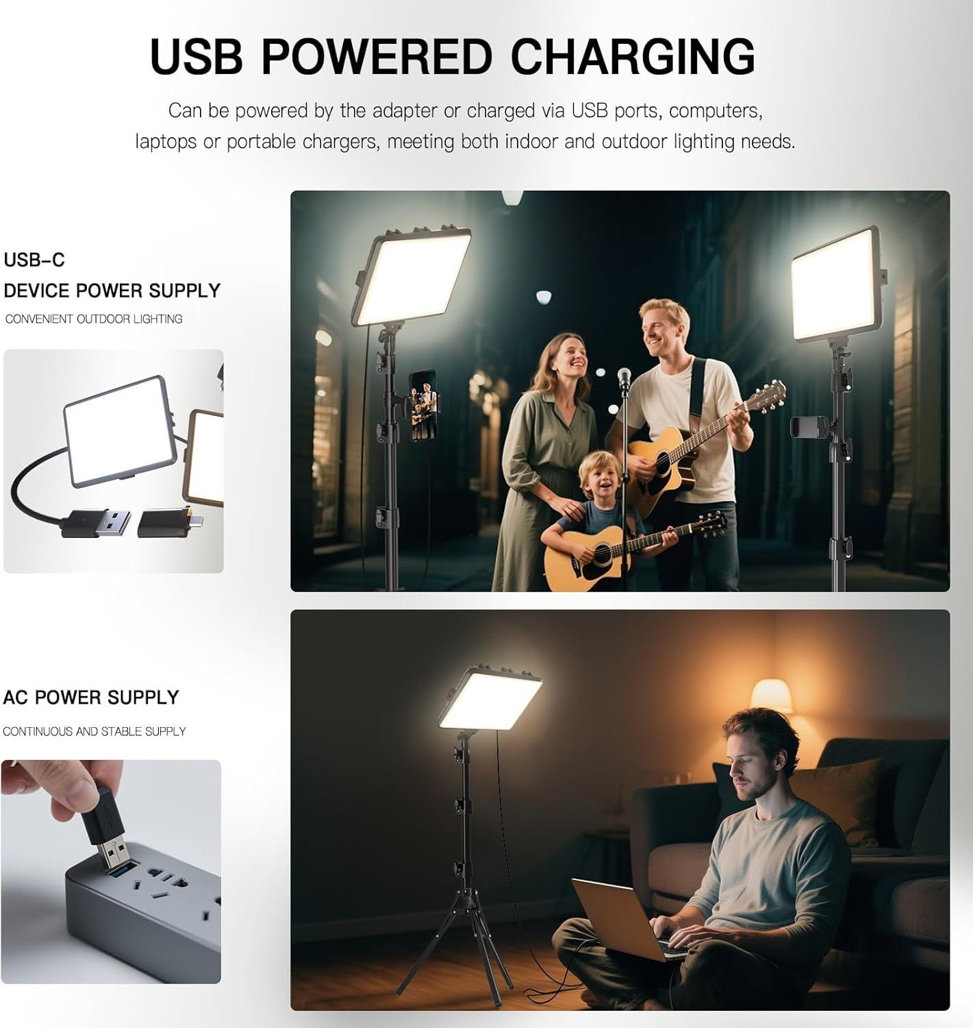 Demonstrates the versatility of the lighting product by showing multiple power options (USB-C and AC) and multiple use scenarios (studio recording with family…