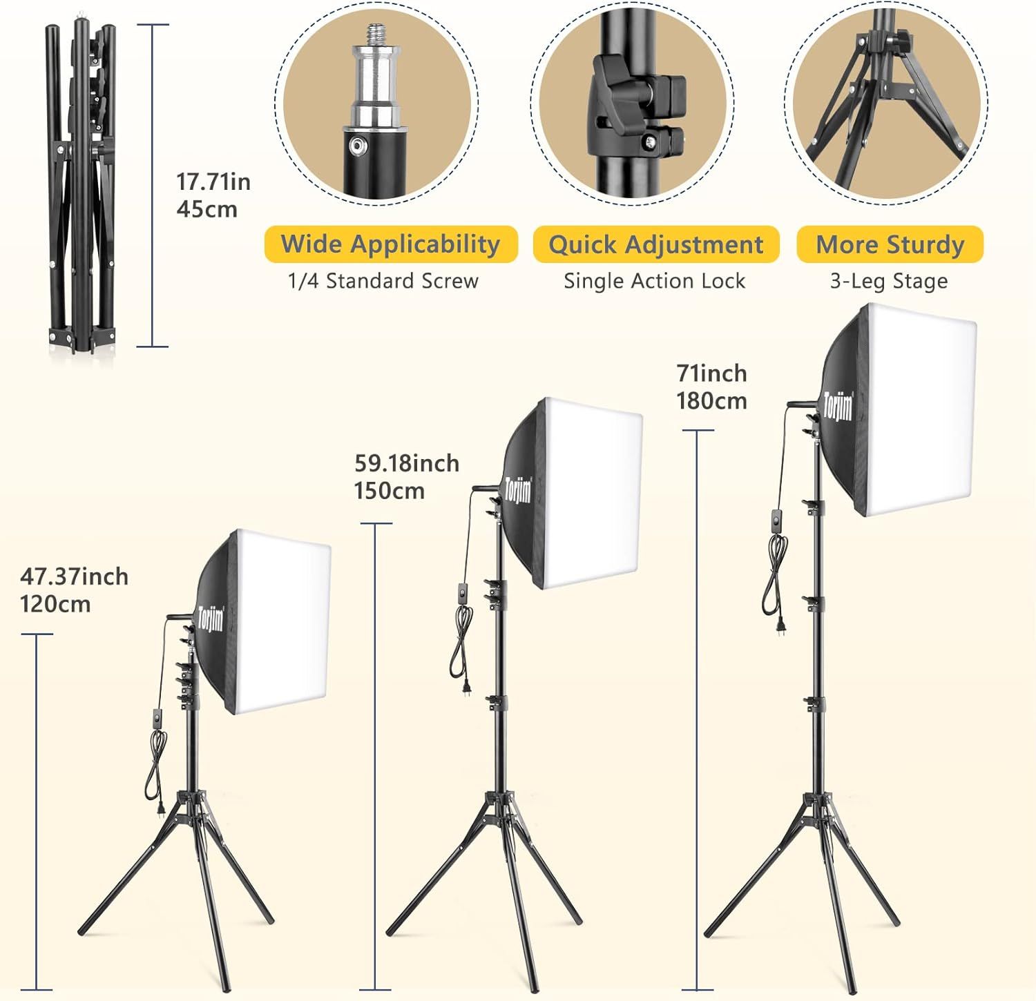 Demonstrates the tripod's adjustable height range (47.37 to 71 inches) and compact folded size (17.71 inches) to help shoppers understand its versatility and…