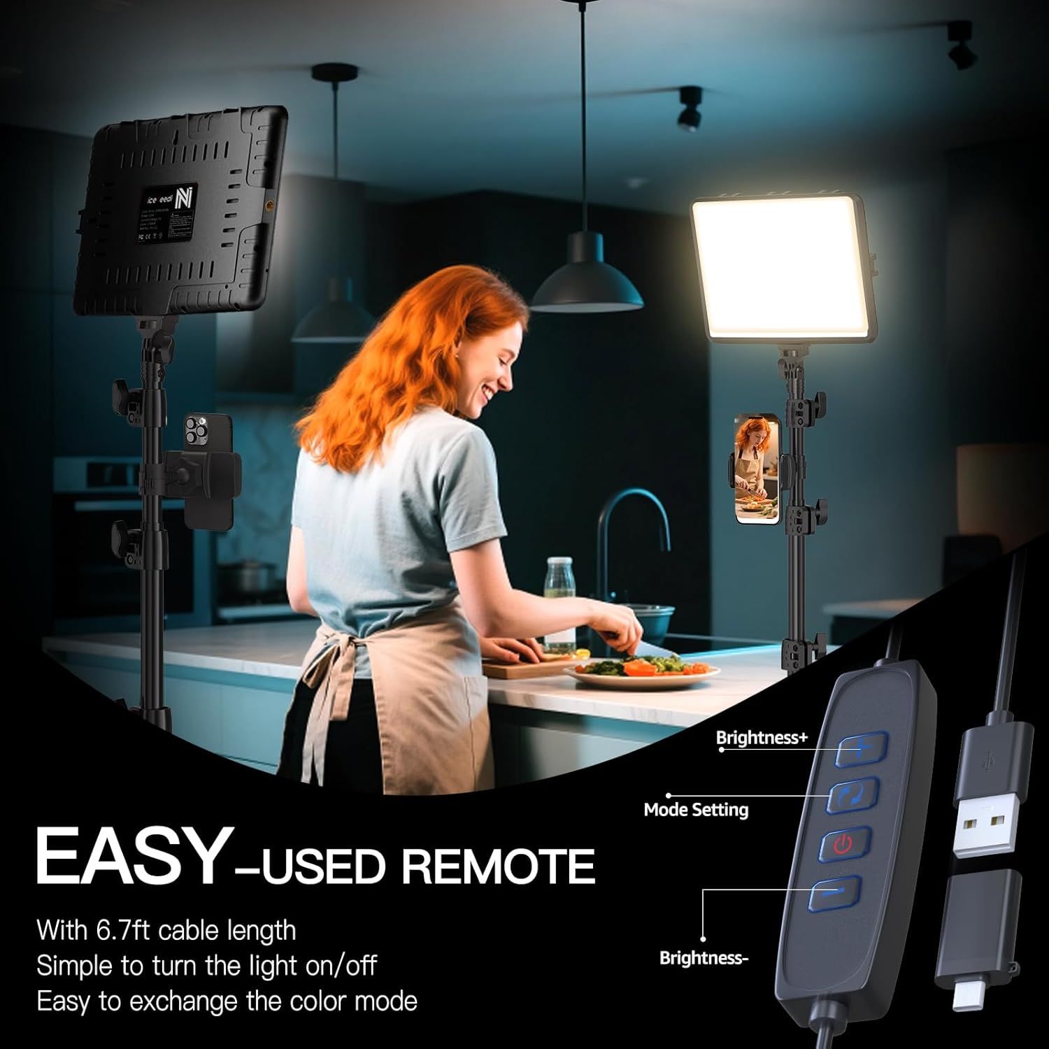 Highlights the convenience of the easy-to-use remote control with 6.7ft cable length, allowing users to adjust brightness and color modes effortlessly while…