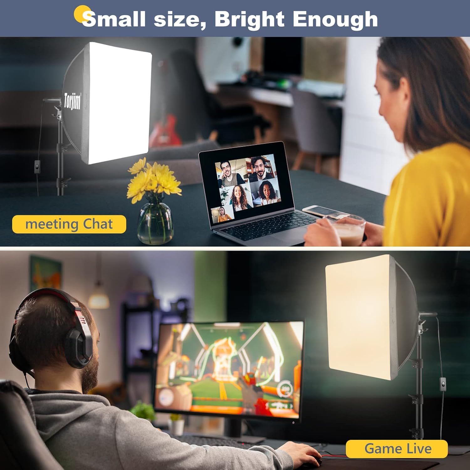 Demonstrates the product's versatility by showing two distinct use cases: professional video meetings and gaming/live streaming, reassuring shoppers that the…