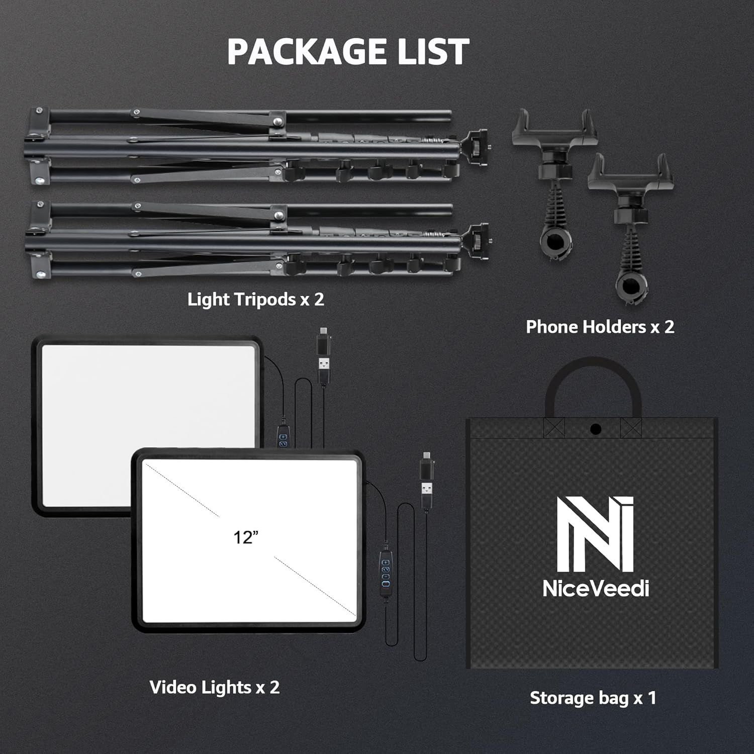 Shows all items included in the package to help shoppers understand the complete value and contents of the lighting kit they will receive.