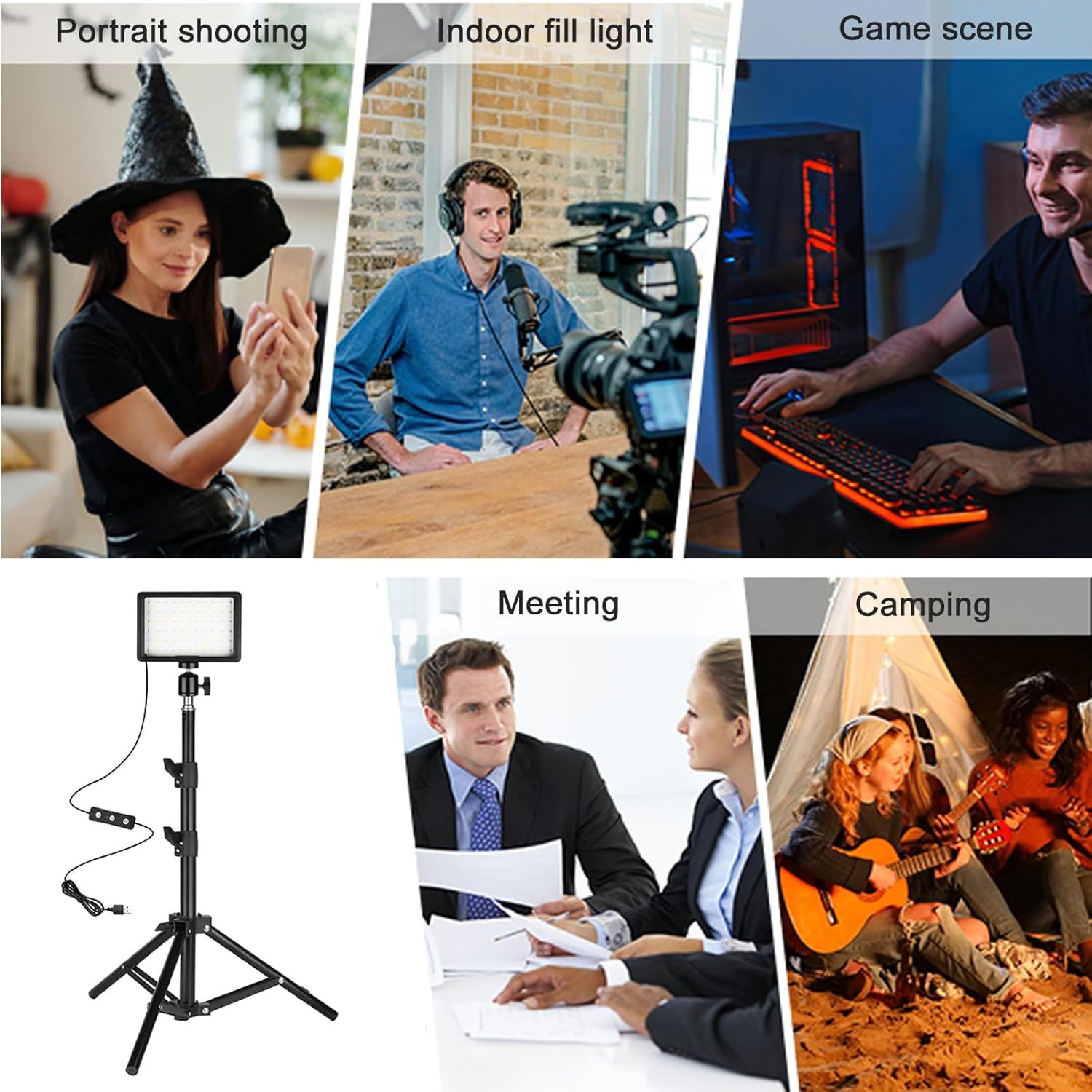 Demonstrates the versatility of the lighting product by showing it can be used across multiple scenarios including portrait photography, video recording,…