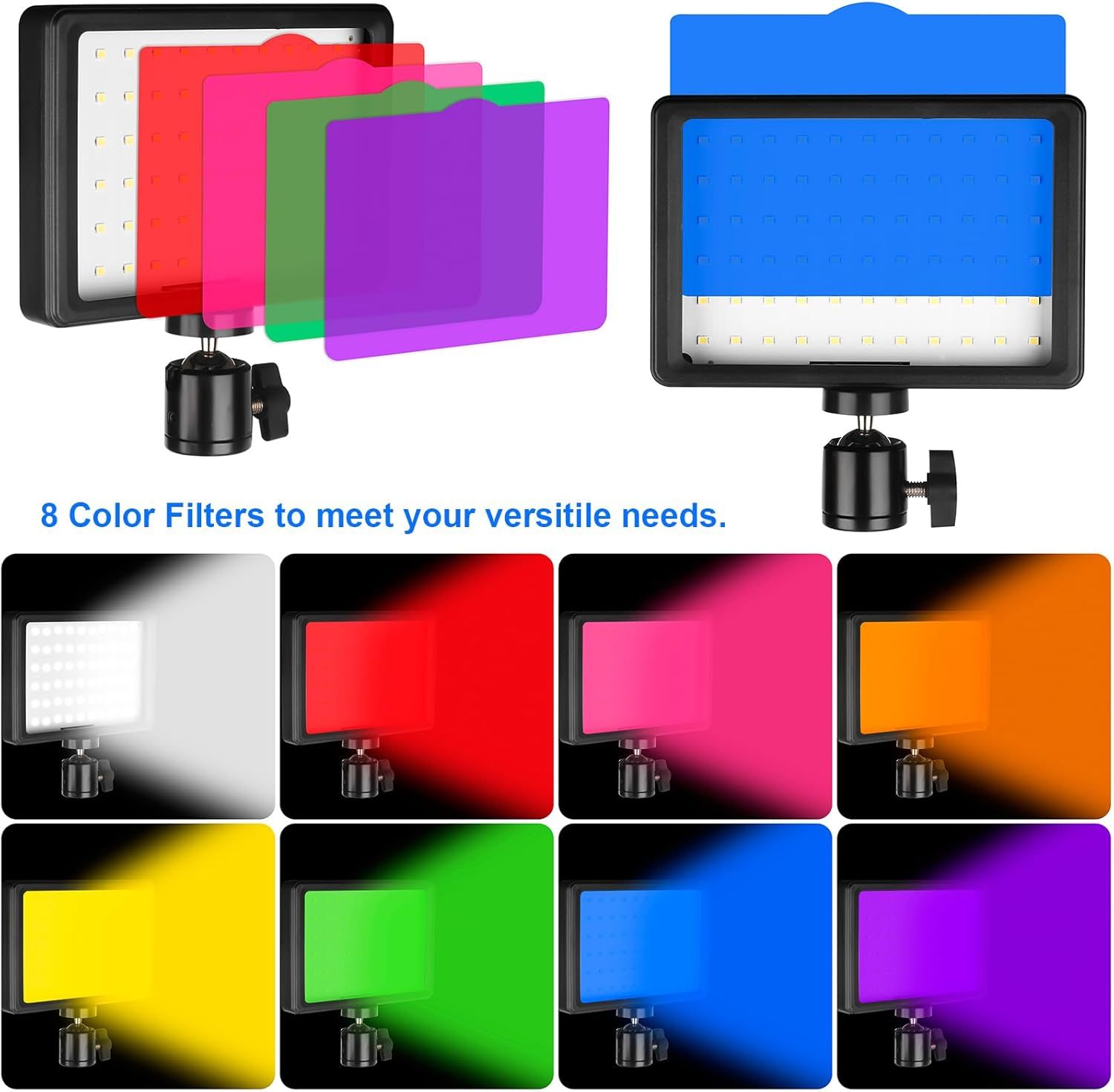 Shows the customer all the color filter options included with the LED light panel, demonstrating the versatility and value of the complete kit. Demonstrates…