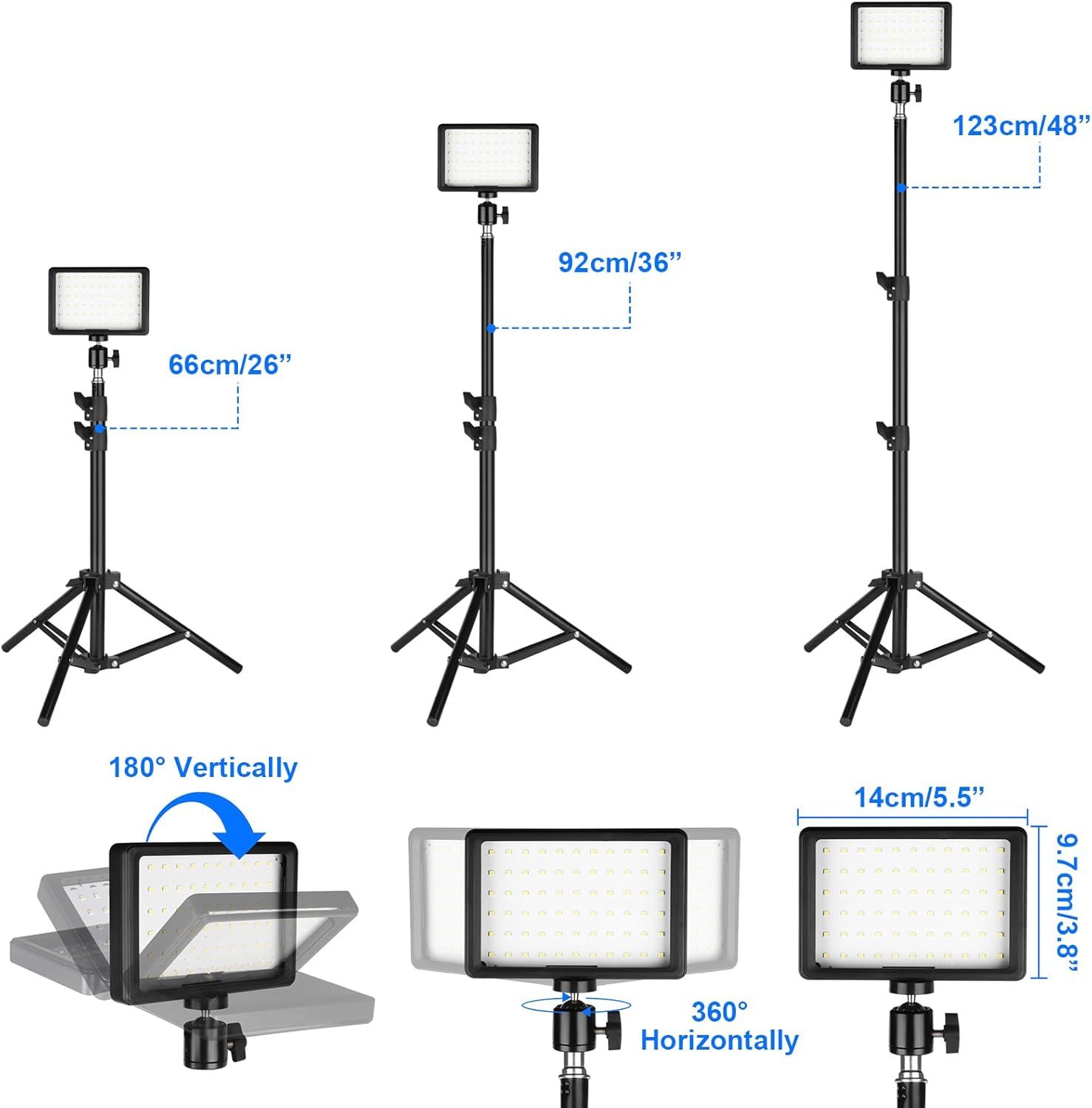 Demonstrates the product's adjustable height range (66cm/26" to 123cm/48"), physical dimensions of the LED panel (14cm x 9.4cm), and rotation capabilities…