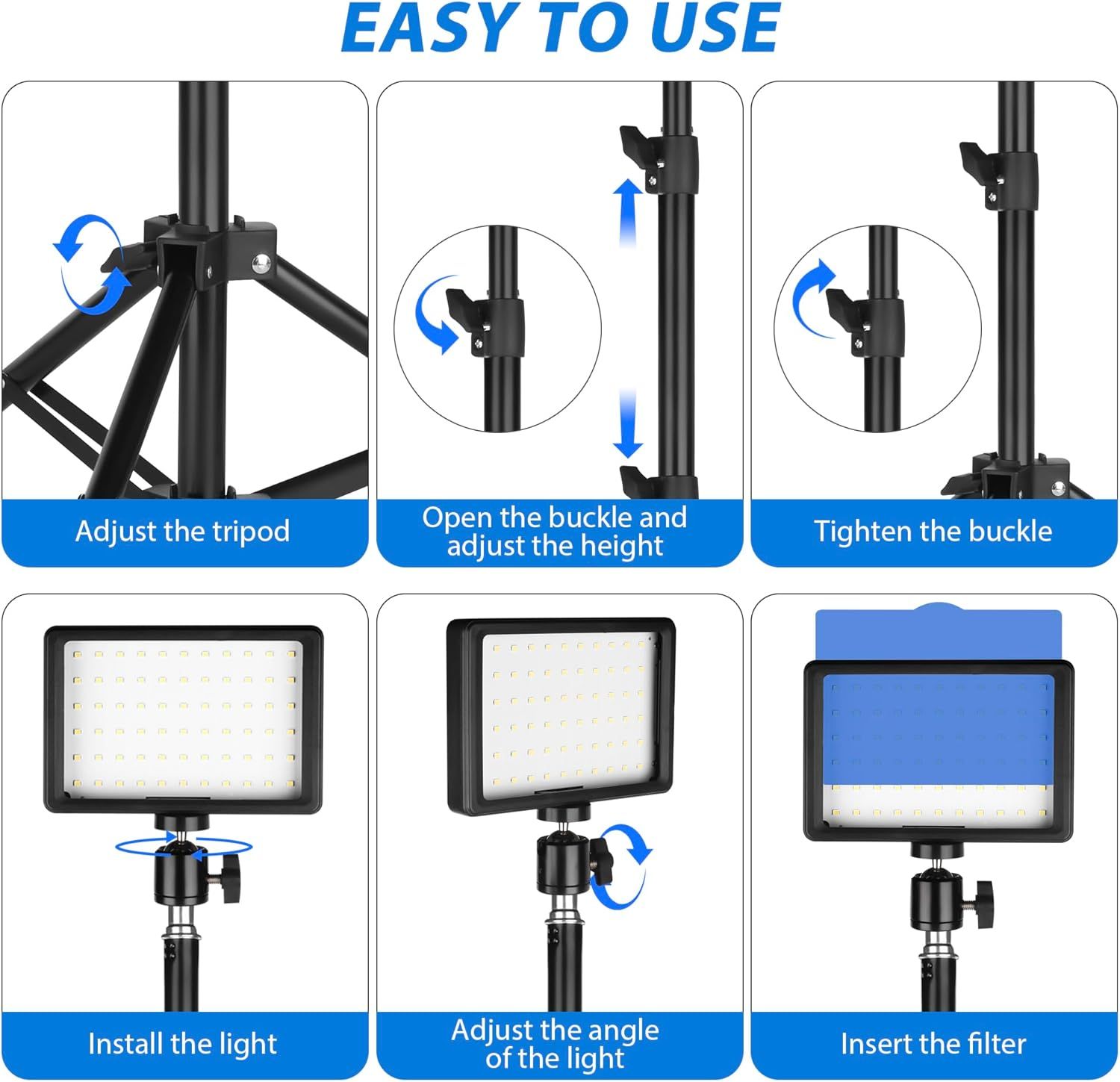 This image provides a clear step-by-step visual guide showing shoppers how to set up and use the lighting equipment, from tripod adjustment to filter…