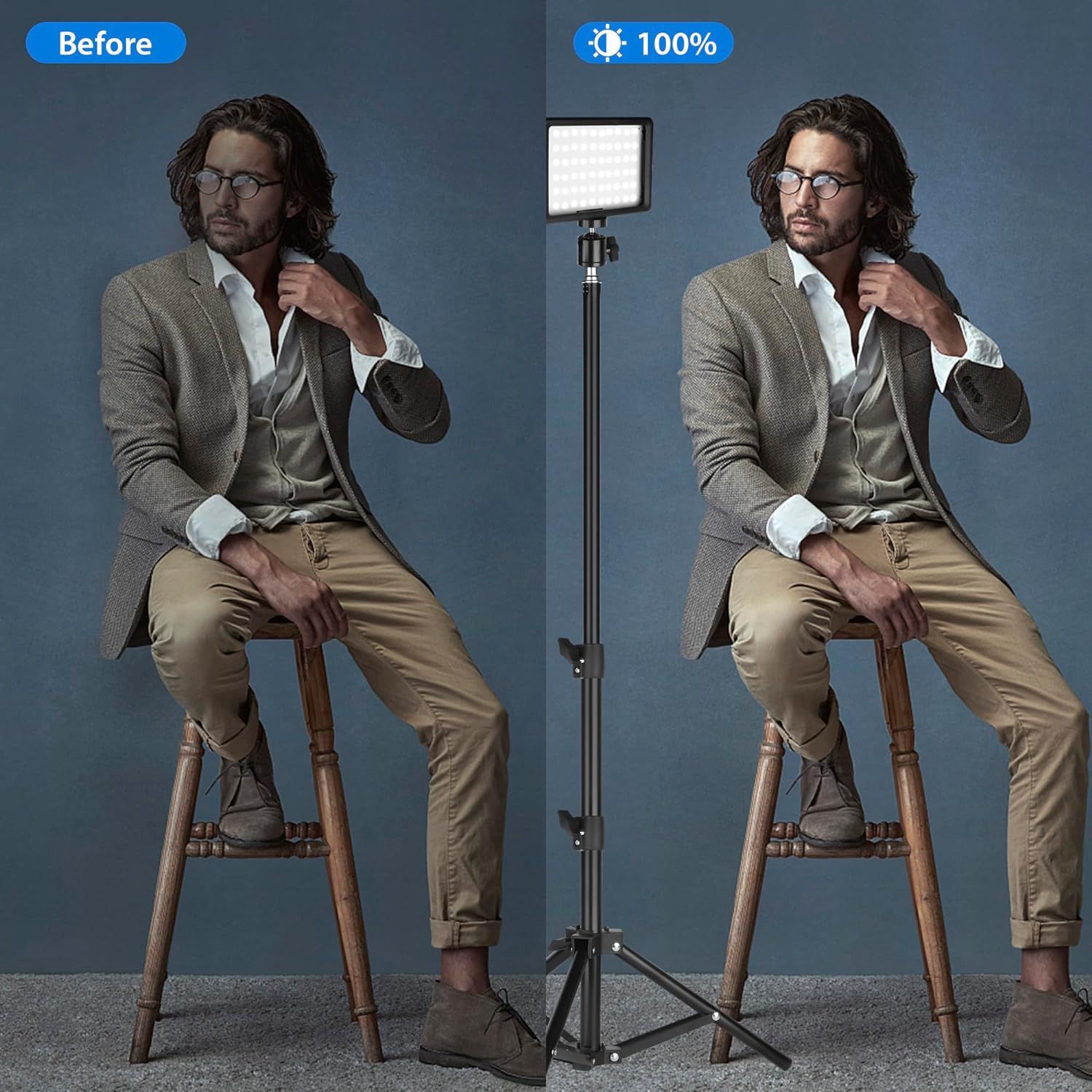 Demonstrates the dramatic improvement in photo quality and lighting achieved by using the LED light panel, showing the same subject before and after with enhanced brightness and clarity.