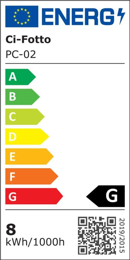 Displays the product's energy efficiency rating (G) and energy consumption (8 kWh/1000h) to inform shoppers about the product's energy performance and operating cost.