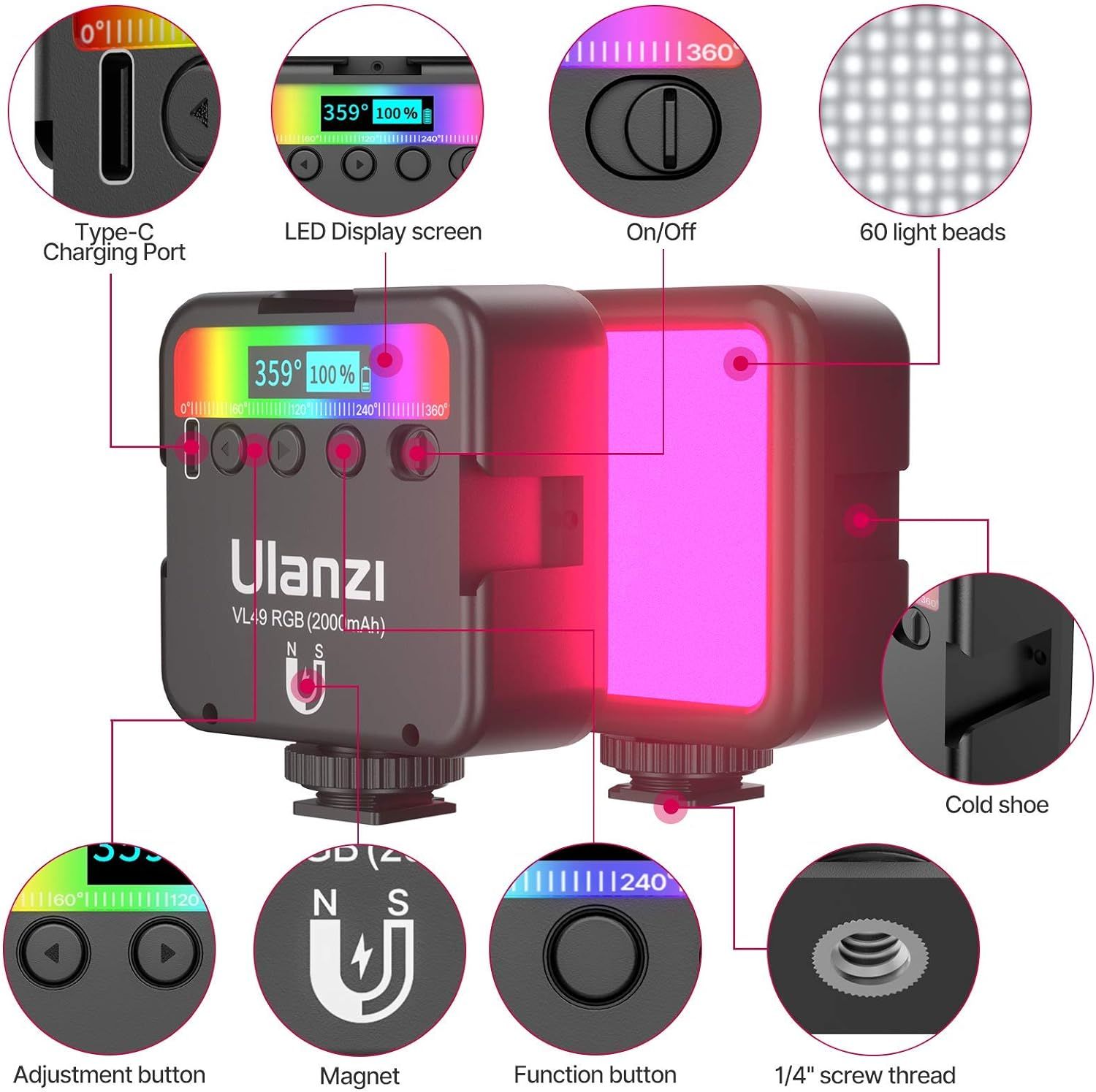 This image breaks down the physical components and features of the RGB video light, helping shoppers understand all the parts and controls available on the…