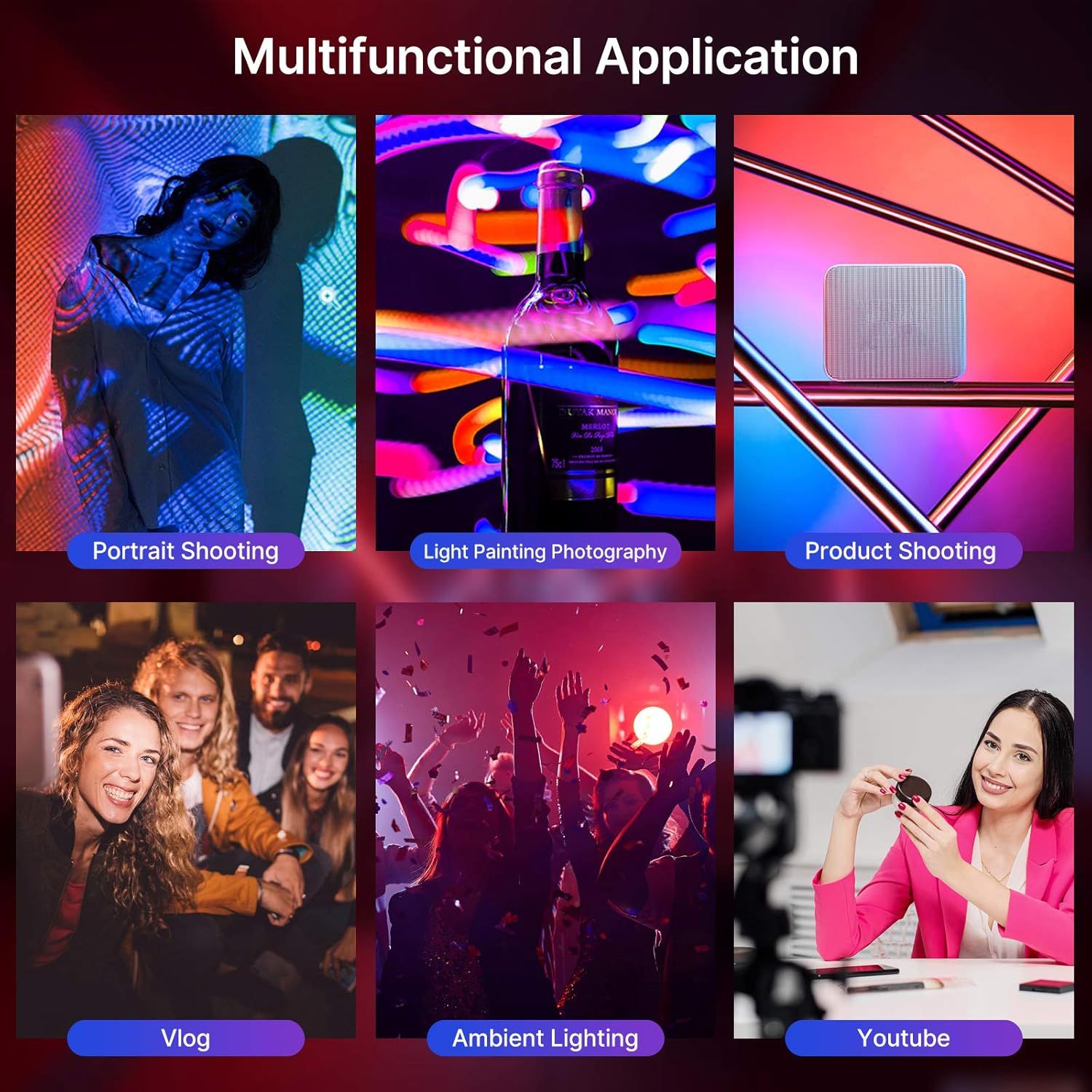 Demonstrates the product's versatility by showcasing six distinct use cases across photography, videography, and content creation scenarios to reassure…