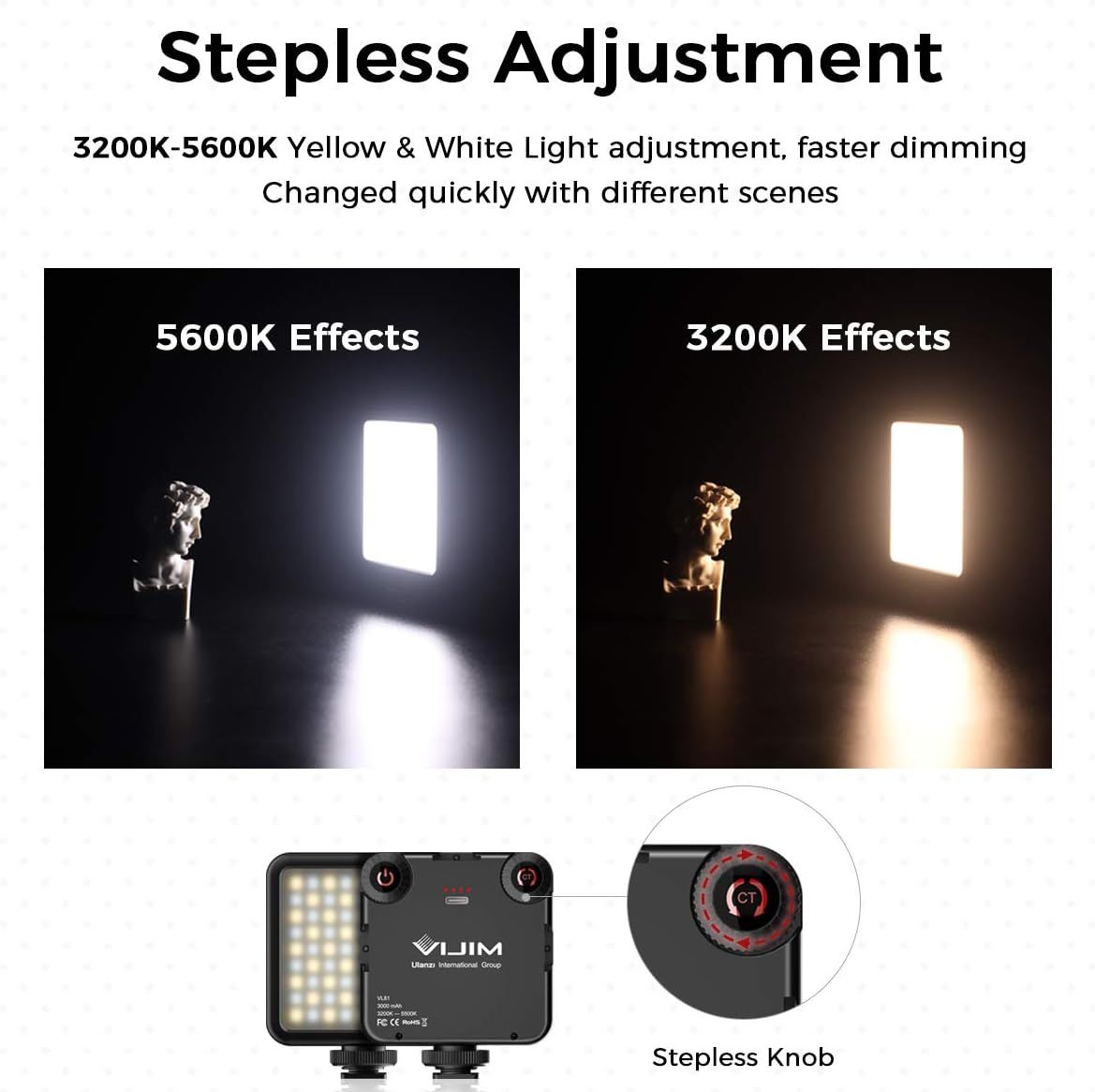 Demonstrates the product's ability to adjust color temperature smoothly from 3200K to 5600K (warm to cool light) for different shooting scenarios, emphasizing…
