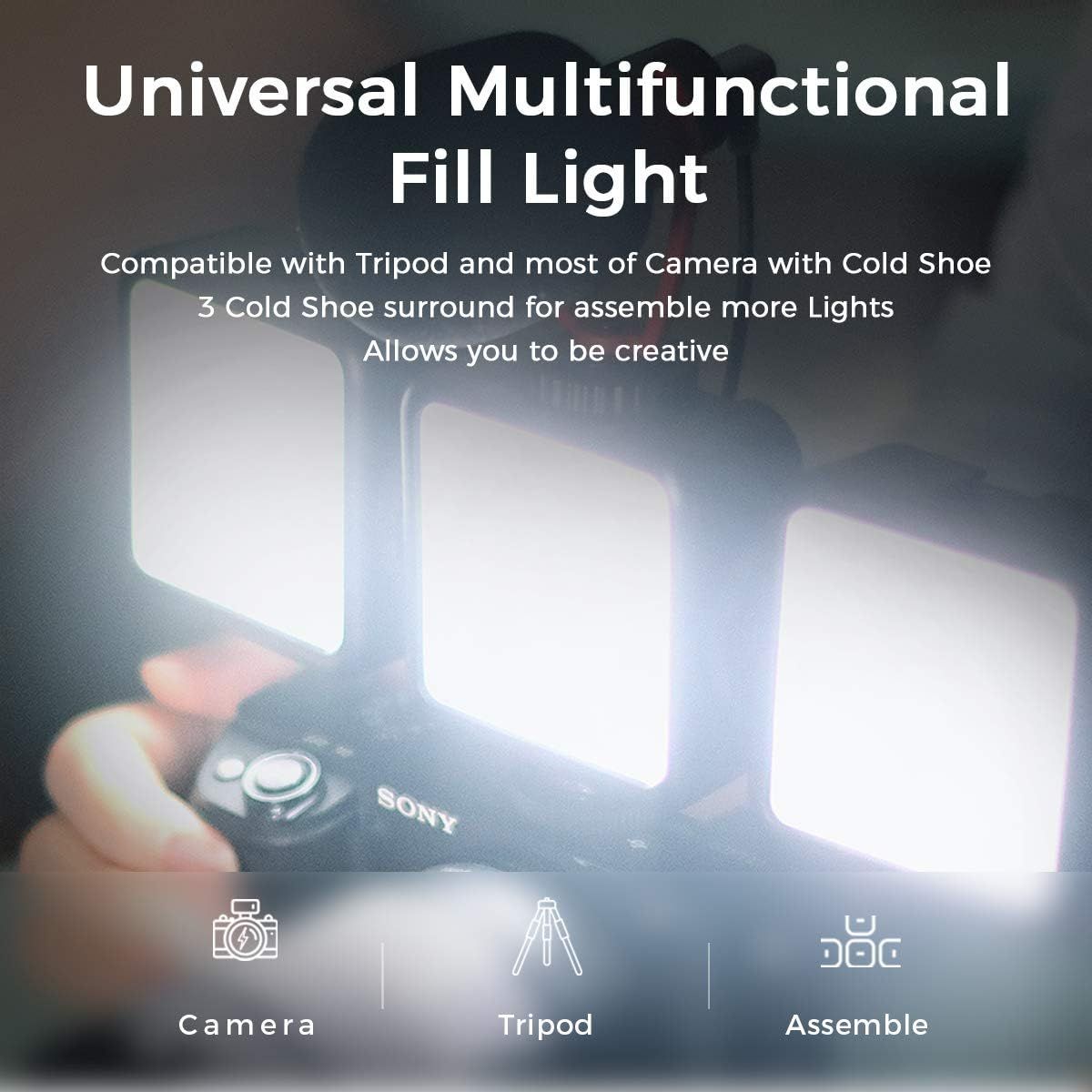 Demonstrates the multiple use cases and compatibility of the fill light, showing it works with cameras, tripods, and can be assembled in various…