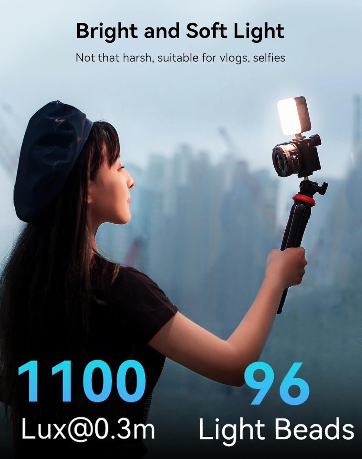Communicates the product's lighting performance through quantifiable metrics (brightness and LED count) to reassure shoppers of its professional-grade…