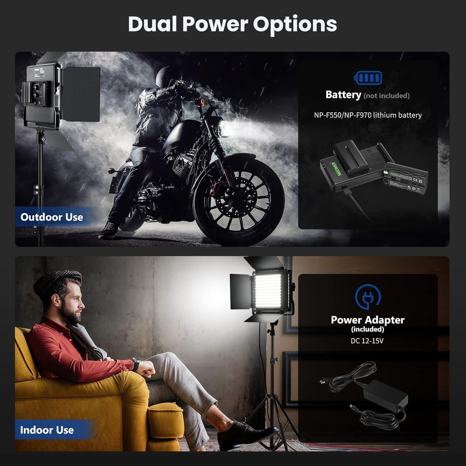 Demonstrates the product's versatility by showing two distinct use cases (outdoor and indoor) and the two power options available (battery and power adapter)…