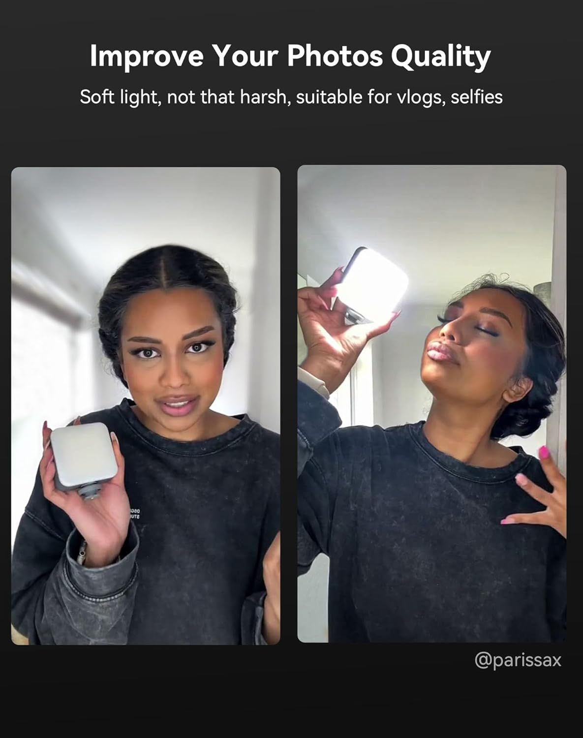 Demonstrates the product's versatility by showing it can be used in multiple scenarios—vlogs and selfies—to improve photo and video quality with soft lighting. Uses authentic, DIY-style customer…