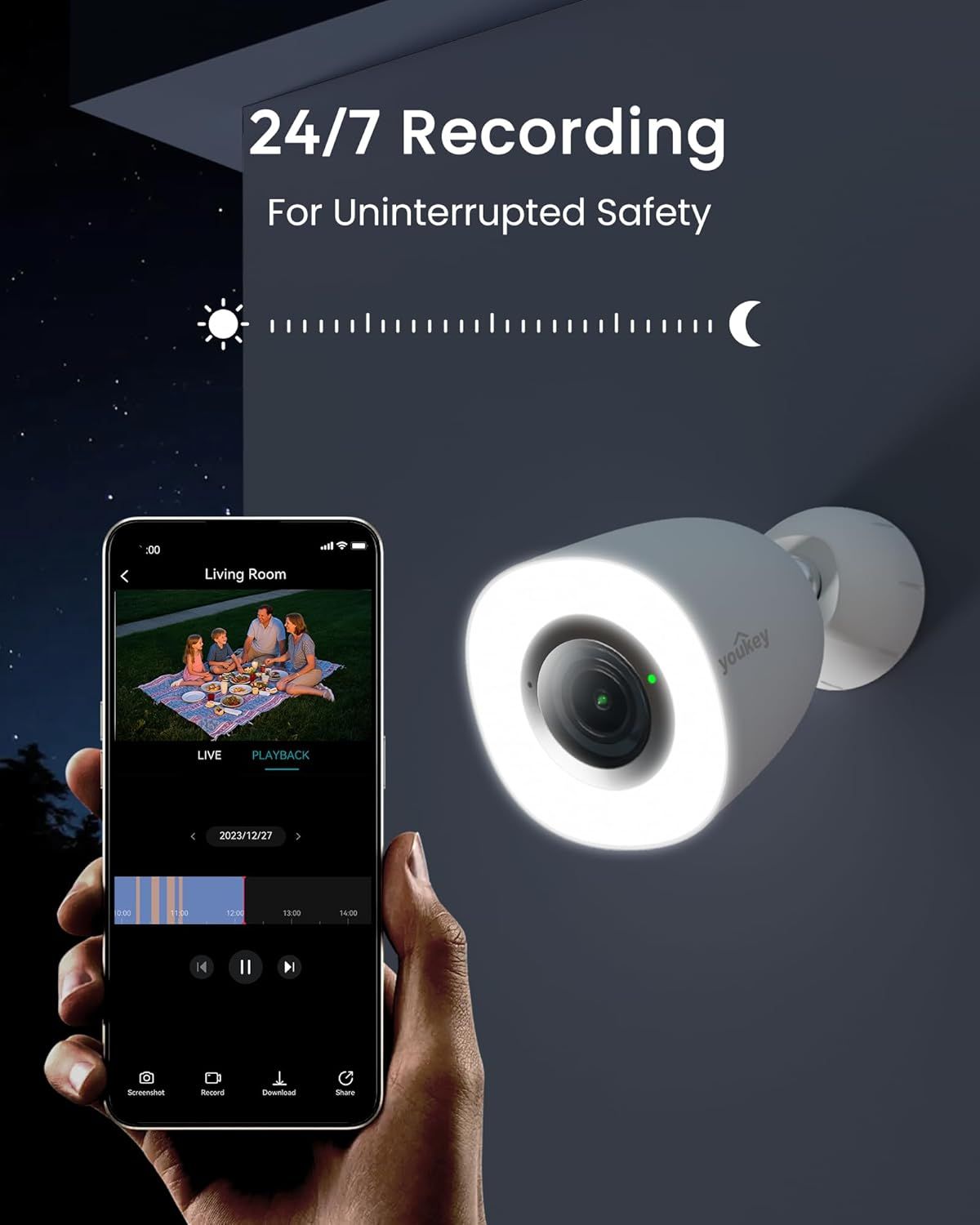 Communicates that the security camera provides round-the-clock recording capability for uninterrupted safety monitoring, reassuring shoppers of constant protection.