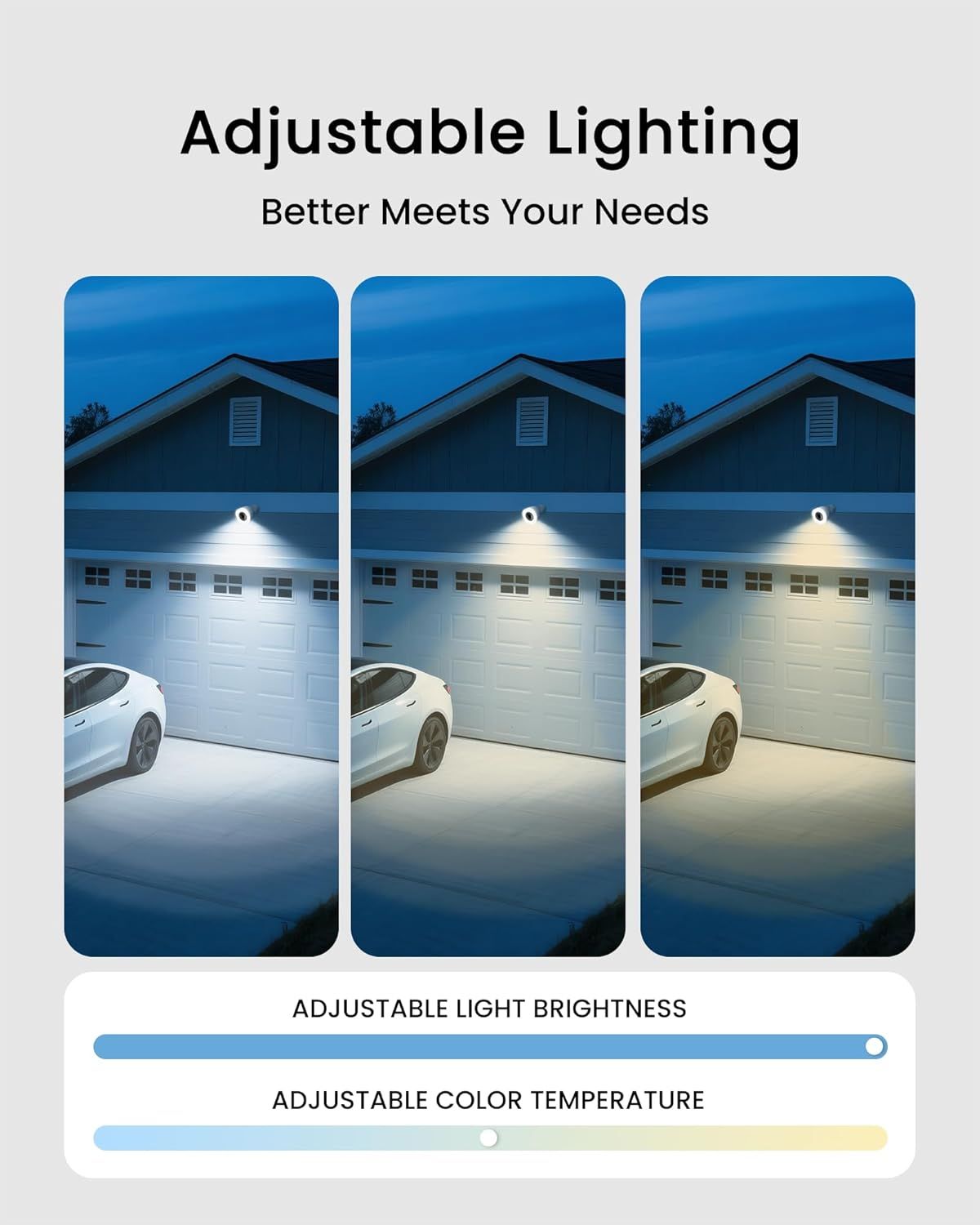 Demonstrates the product's adjustable lighting capabilities, showing how the outdoor light can be customized for different brightness levels and color temperatures to meet various user needs.