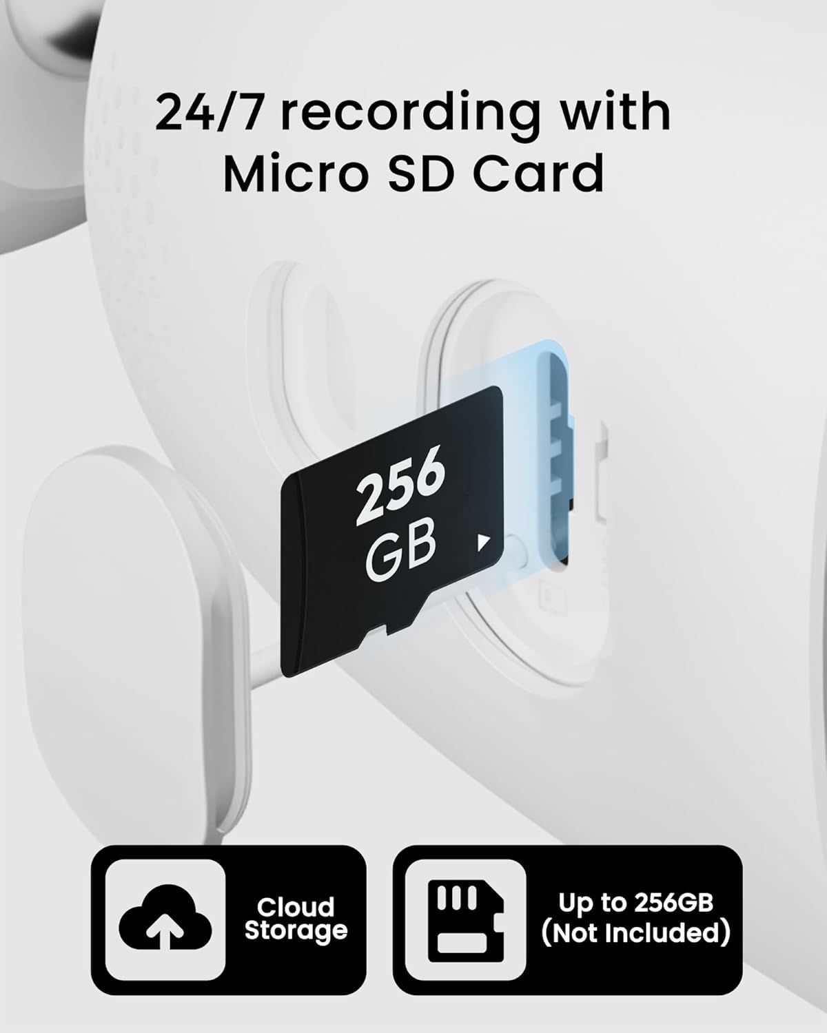Communicates multiple storage and recording benefits of the security camera, including continuous recording capability, expandable SD card storage up to 256GB, and cloud storage option.