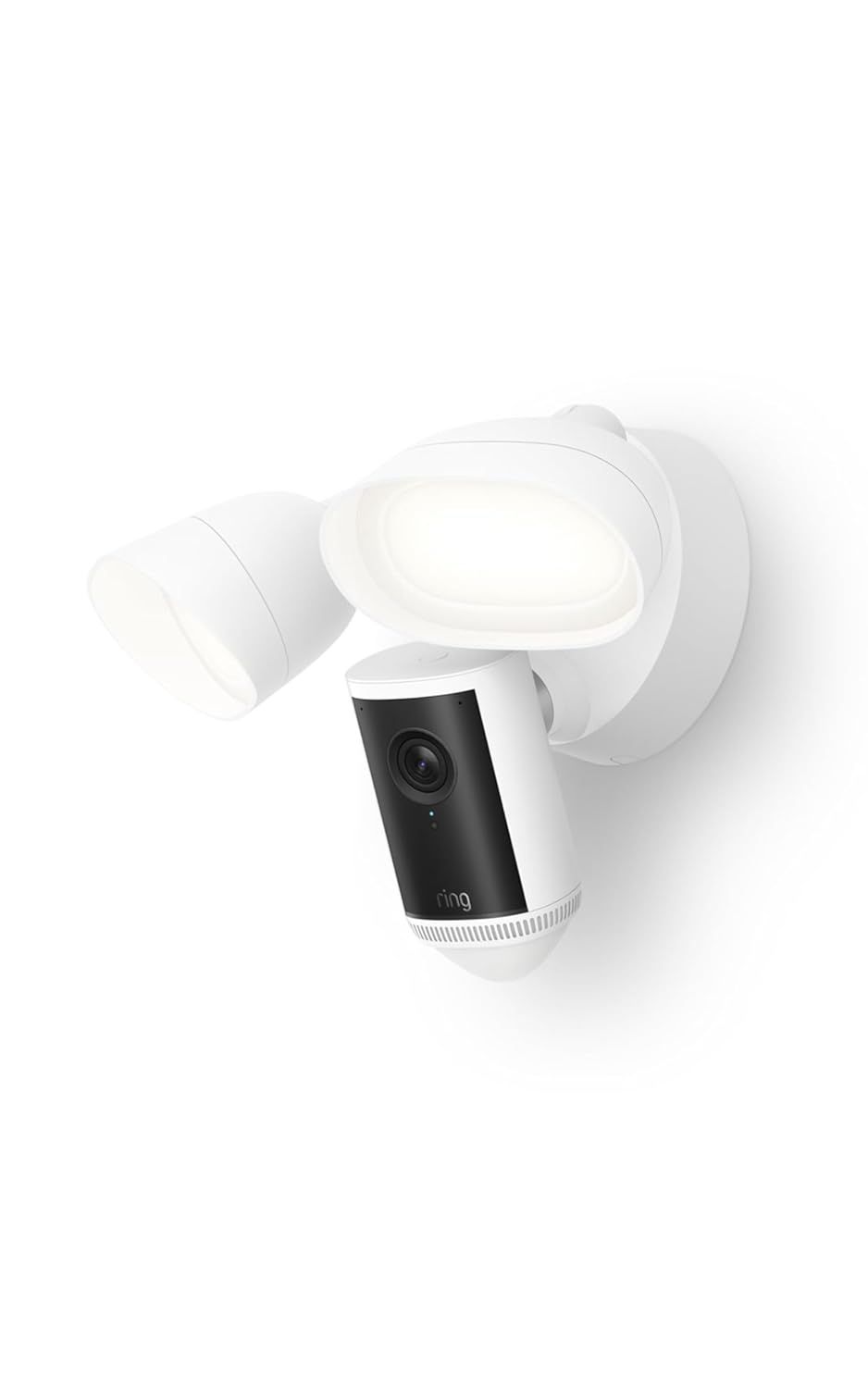 Displays the Ring security camera with integrated floodlights on a clean white background to show the complete product design and form factor.