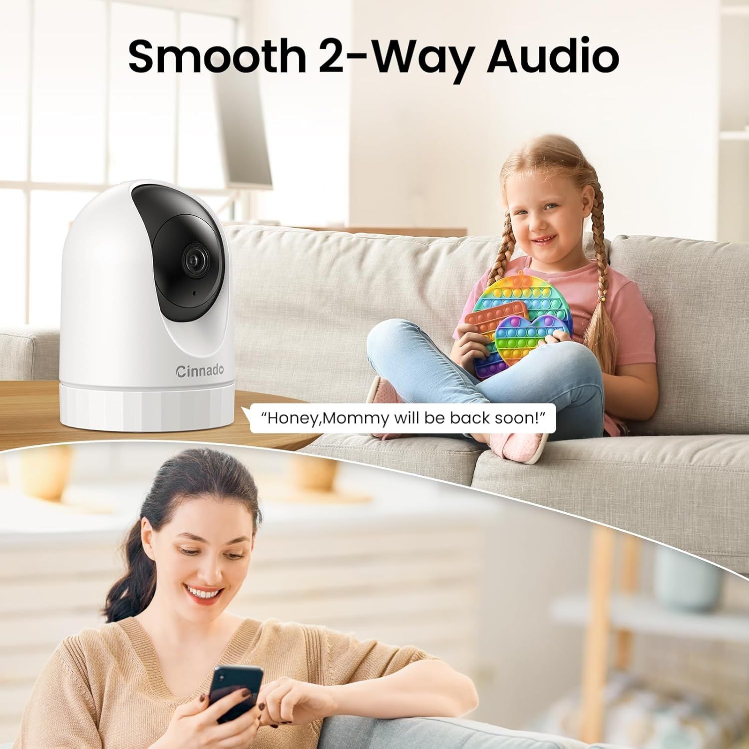Demonstrates how the camera enables two-way audio communication between a parent and child, showing the practical use case of staying connected remotely. Highlights the smooth 2-way audio feature…