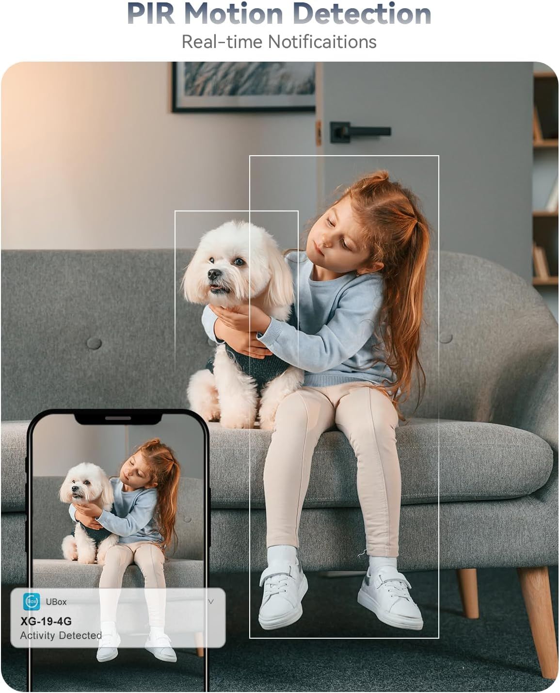 Demonstrates the product's motion detection capability and real-time notification feature, showing how the camera detects and alerts users to activity in their home.