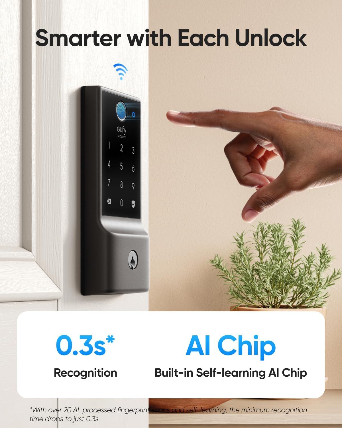 Communicates the smart lock's fast fingerprint recognition speed (0.3 seconds) and advanced AI chip technology to reassure shoppers of quick, intelligent…