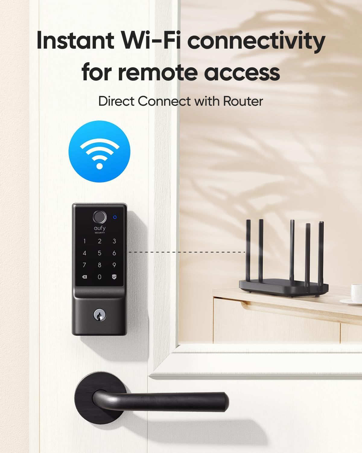 Communicates that the smart lock offers instant Wi-Fi connectivity for remote access by connecting directly to a router, providing convenience and control…