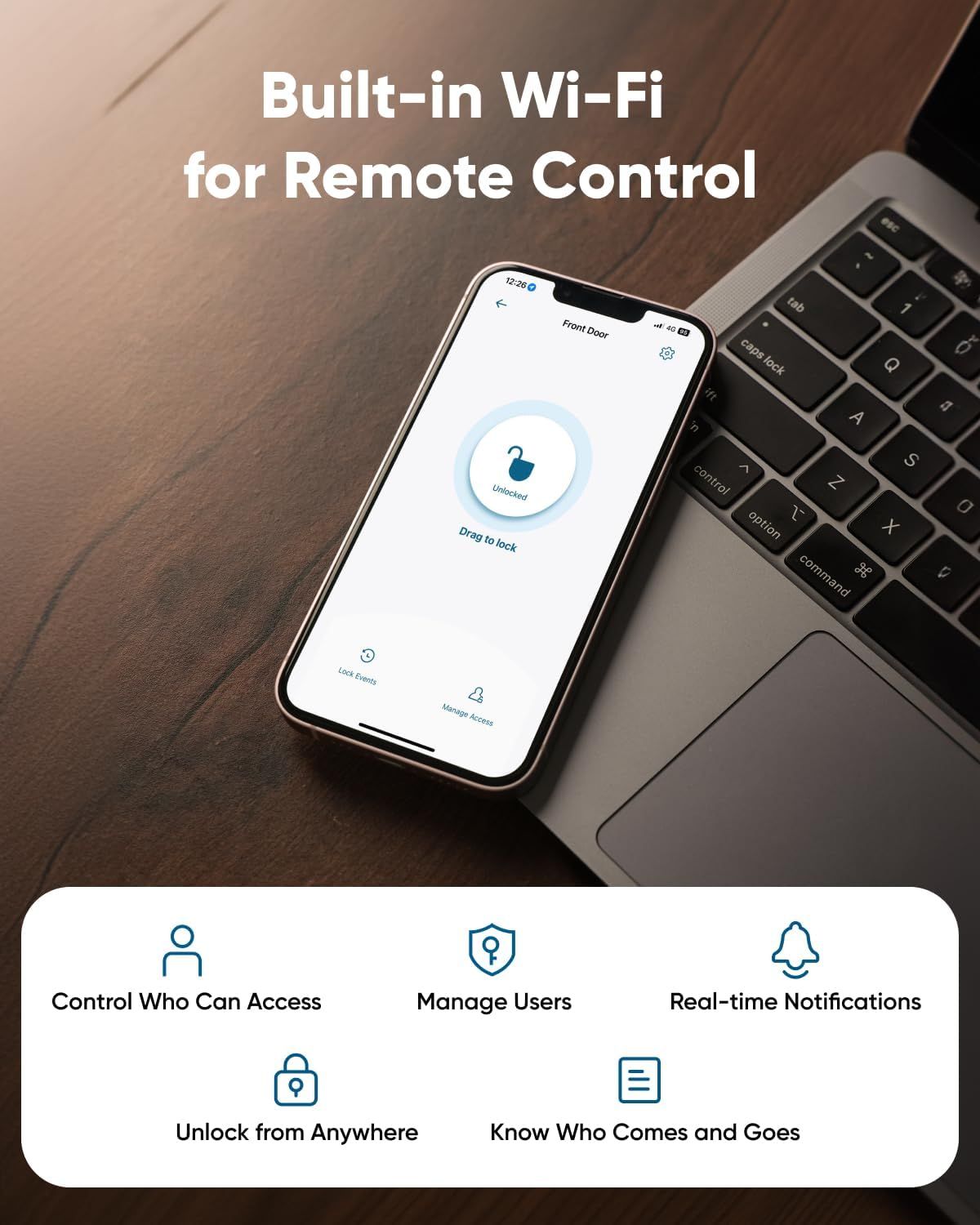 Communicates the smart lock's comprehensive Wi-Fi connectivity features, emphasizing remote control capabilities and multiple security management benefits to…