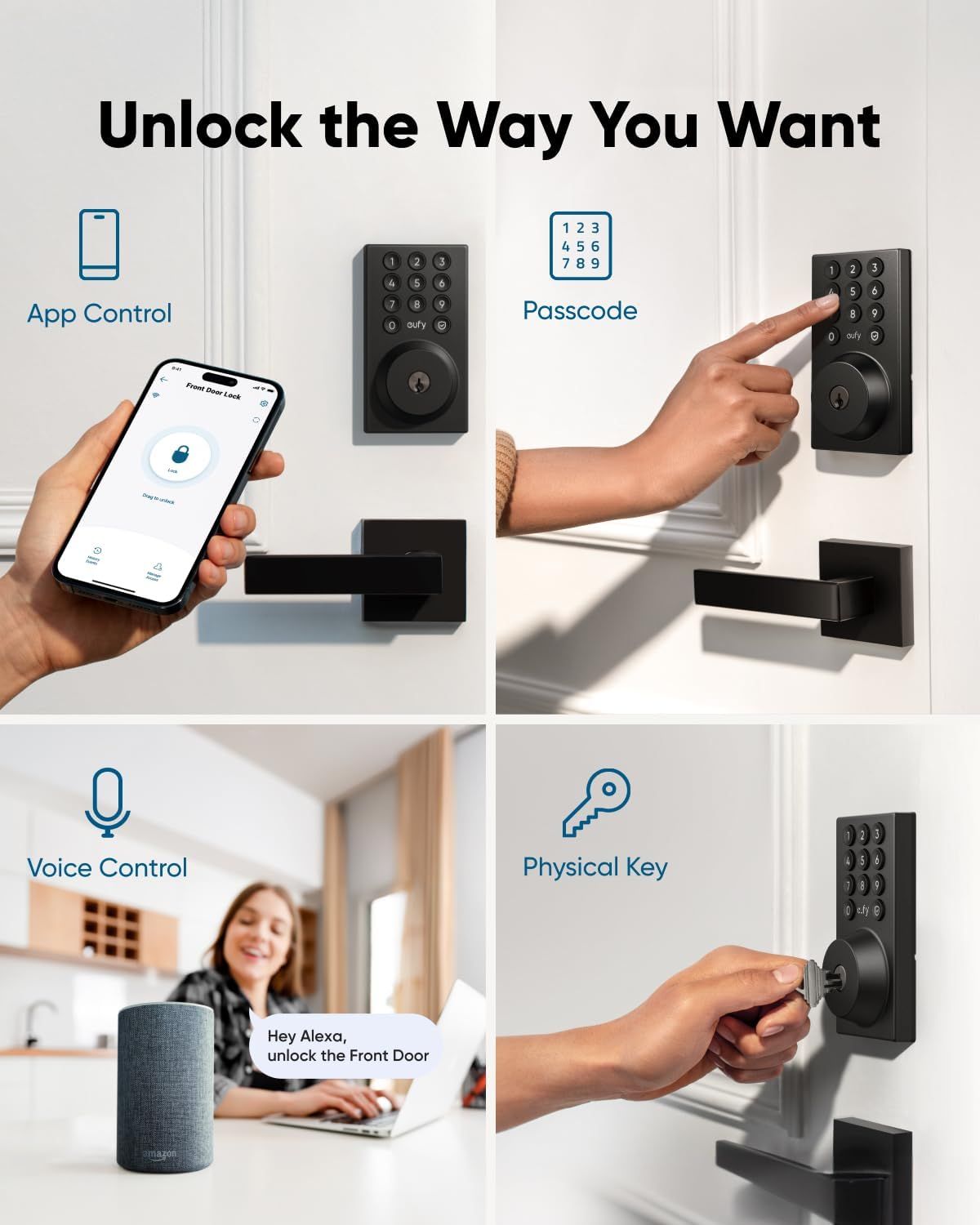 Demonstrates the versatility of the smart lock by showing four different ways users can unlock their door, emphasizing convenience and flexibility for…