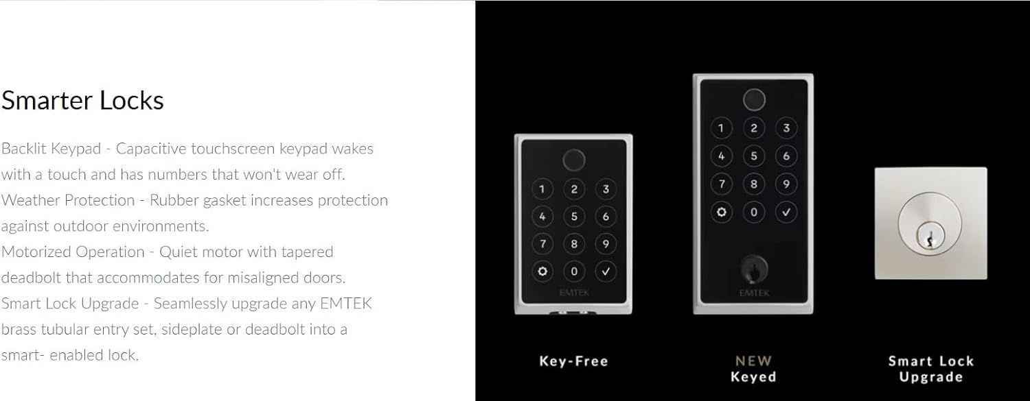Communicates multiple distinct benefits of the smart lock system including touchscreen technology, outdoor durability, quiet motor operation, and upgrade…