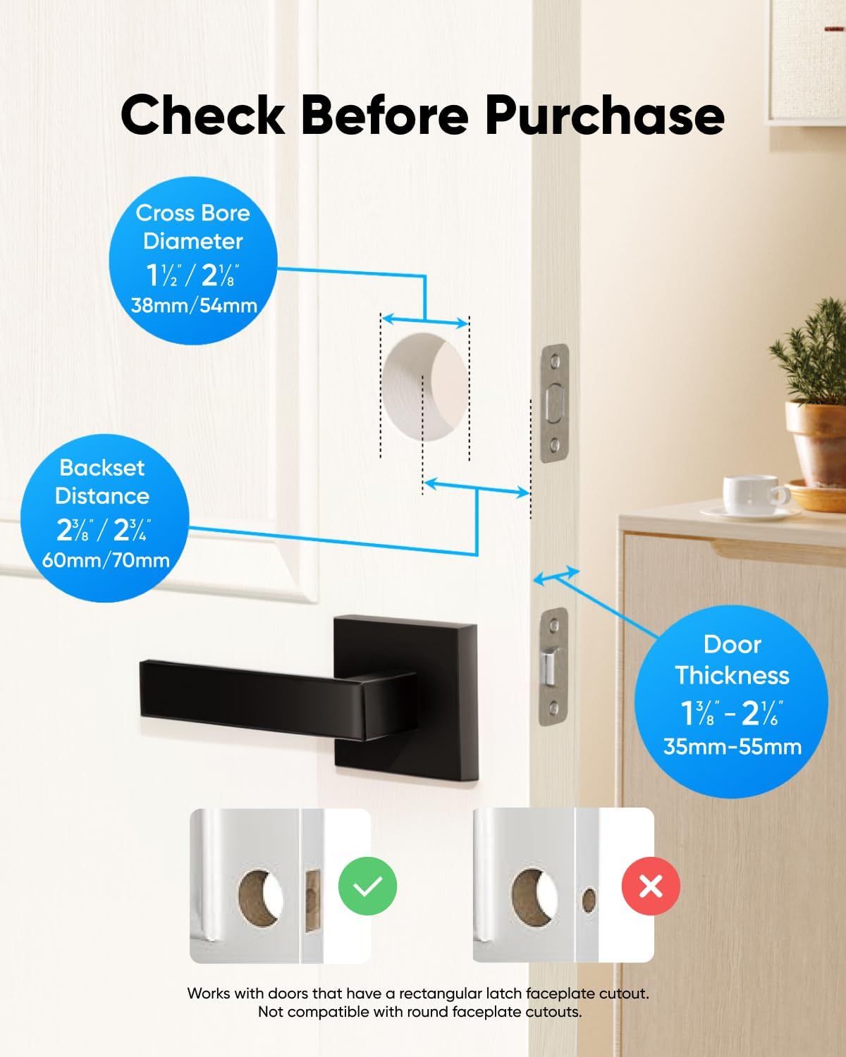 Provides critical dimensional specifications to help shoppers verify compatibility before purchase, ensuring the door lever will fit their existing door…