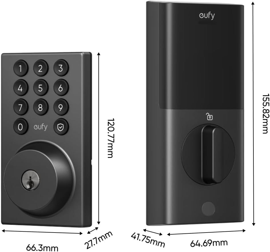 Communicates the exact physical dimensions of the smart lock components to help shoppers understand the size and ensure it will fit their door.