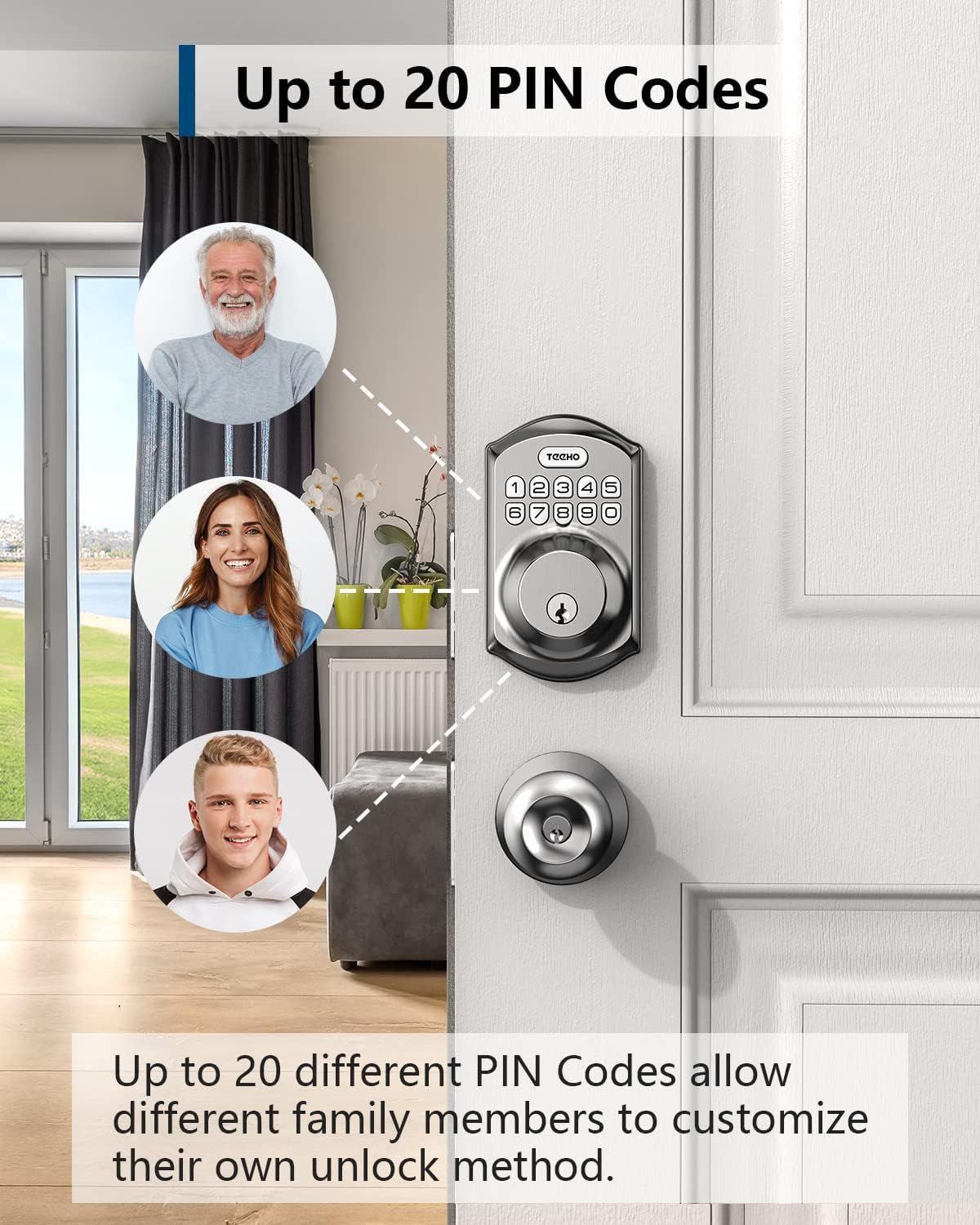 Communicates that the smart lock can store up to 20 different PIN codes, allowing each family member to have their own personalized access code for…