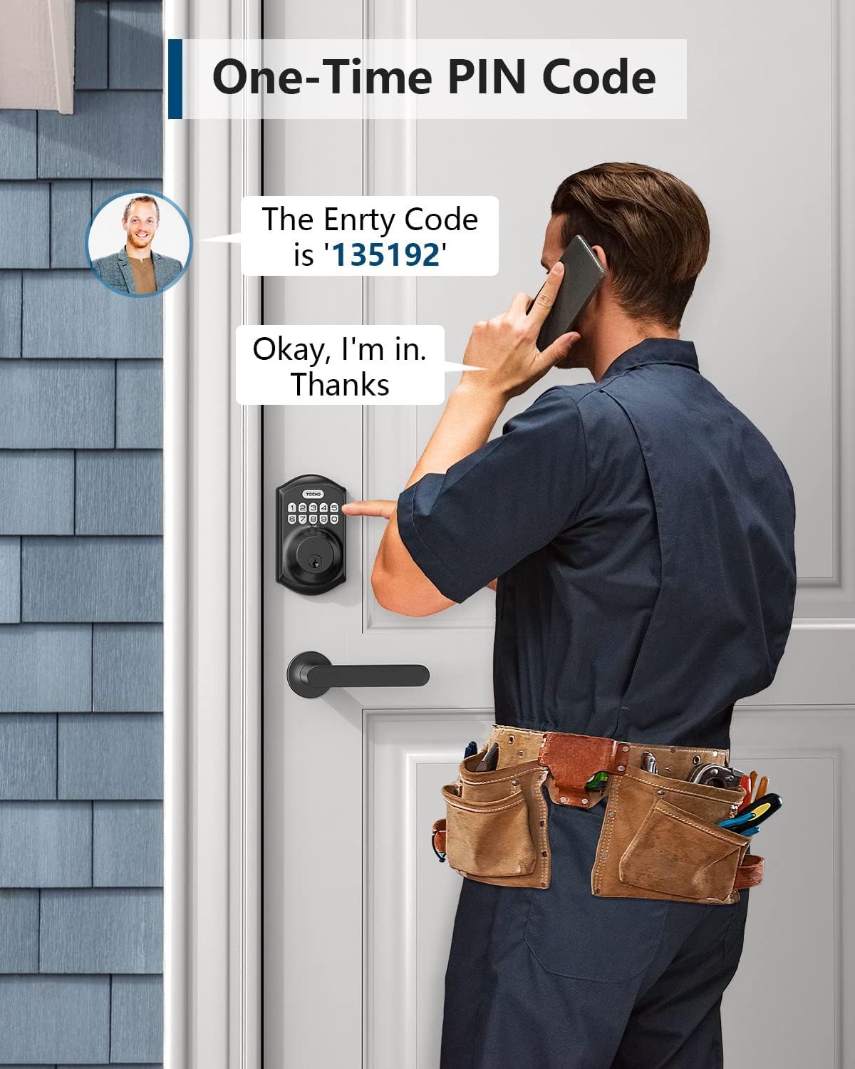 Demonstrates how the smart lock's one-time PIN code feature works, showing the process of receiving and entering a temporary access code for visitors or…