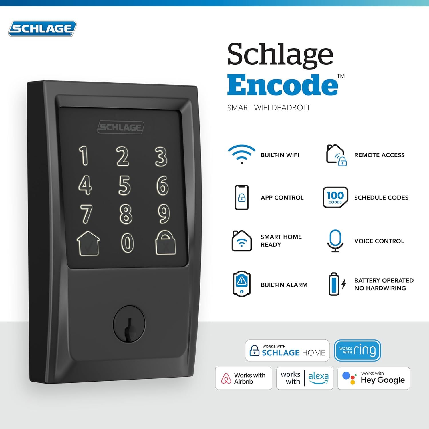 Showcases the comprehensive smart features of the Schlage Encode deadbolt, highlighting its connectivity, convenience, and compatibility with multiple smart…