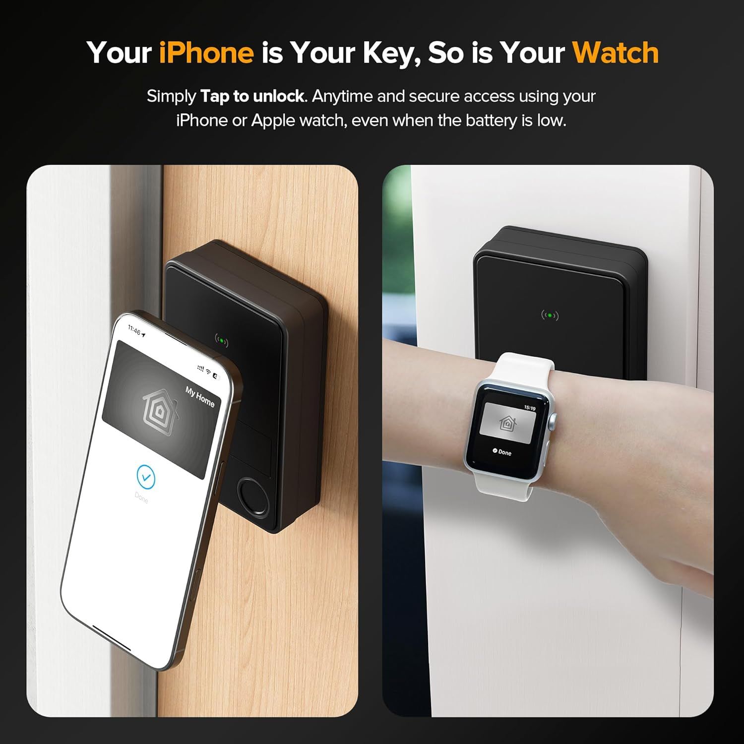 Demonstrates the product's dual compatibility and use cases, showing shoppers that they can unlock the smart lock using either their iPhone or Apple Watch for…