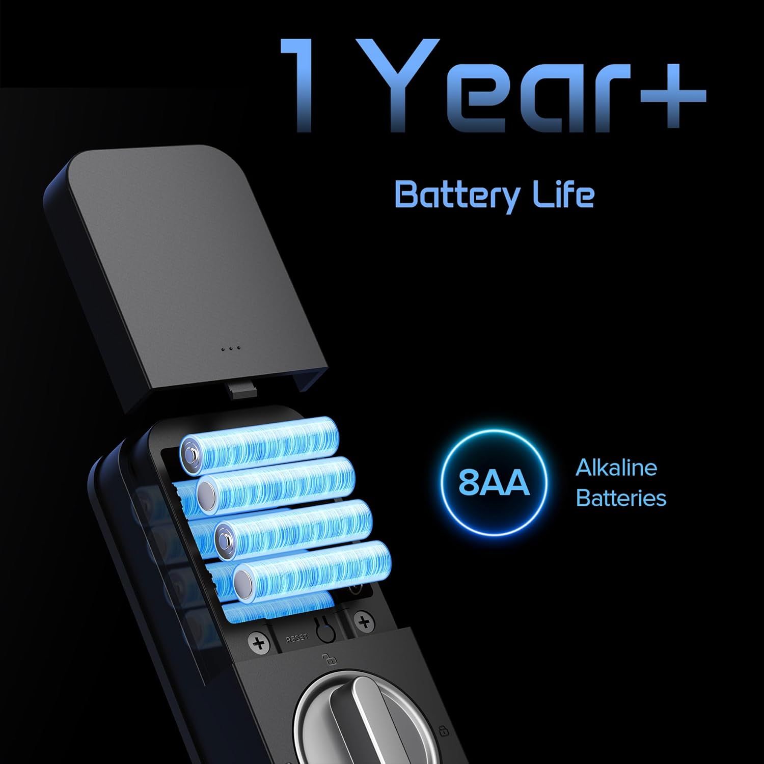 Communicates the exceptional battery longevity of over 1 year using 8 AA alkaline batteries, reassuring shoppers about long-term reliability and minimal…