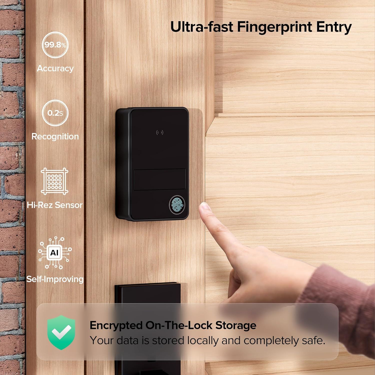 Communicates multiple technical benefits of the fingerprint lock system, emphasizing speed, accuracy, security, and advanced technology to reassure shoppers…
